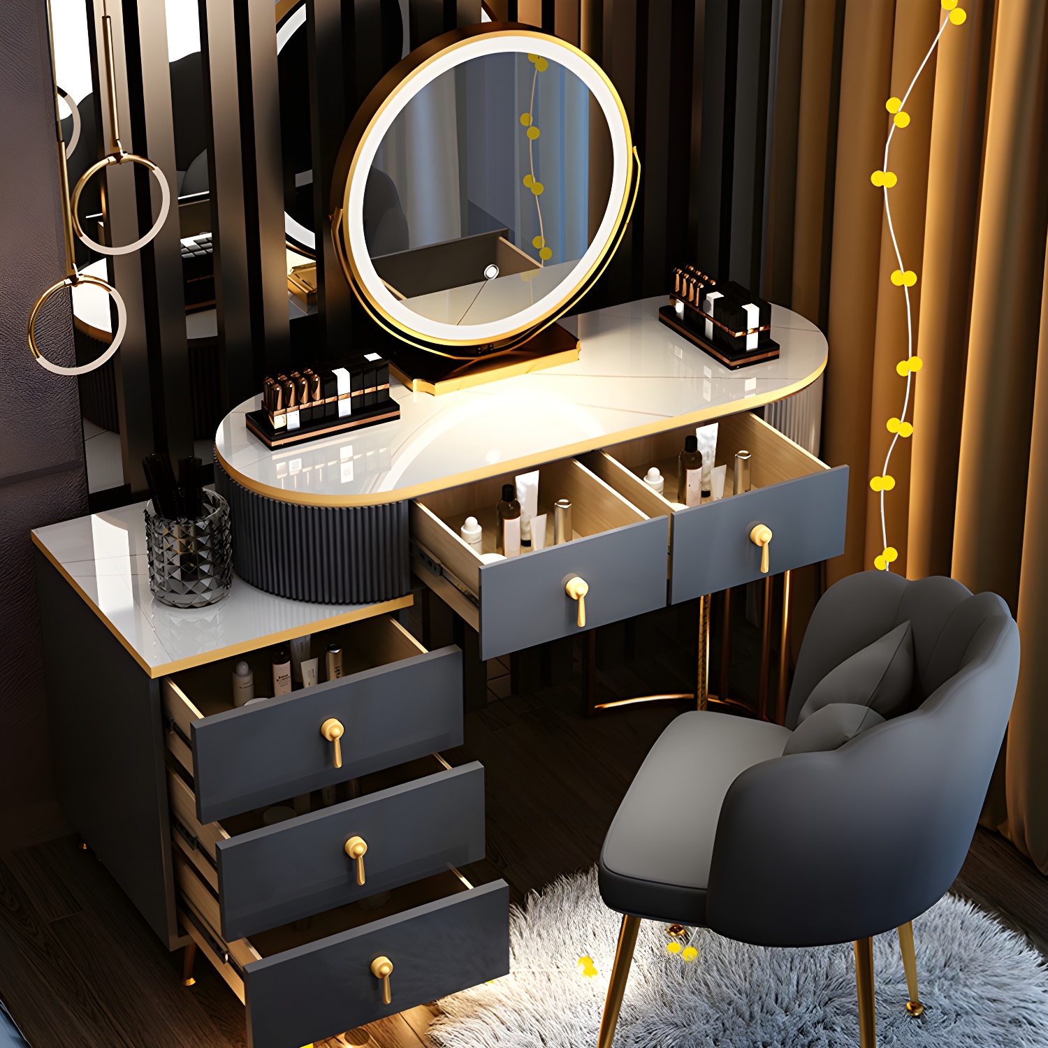 Contemporary Vanity Makeup Dressing Table Stool Set with Storage Drawers - image 6