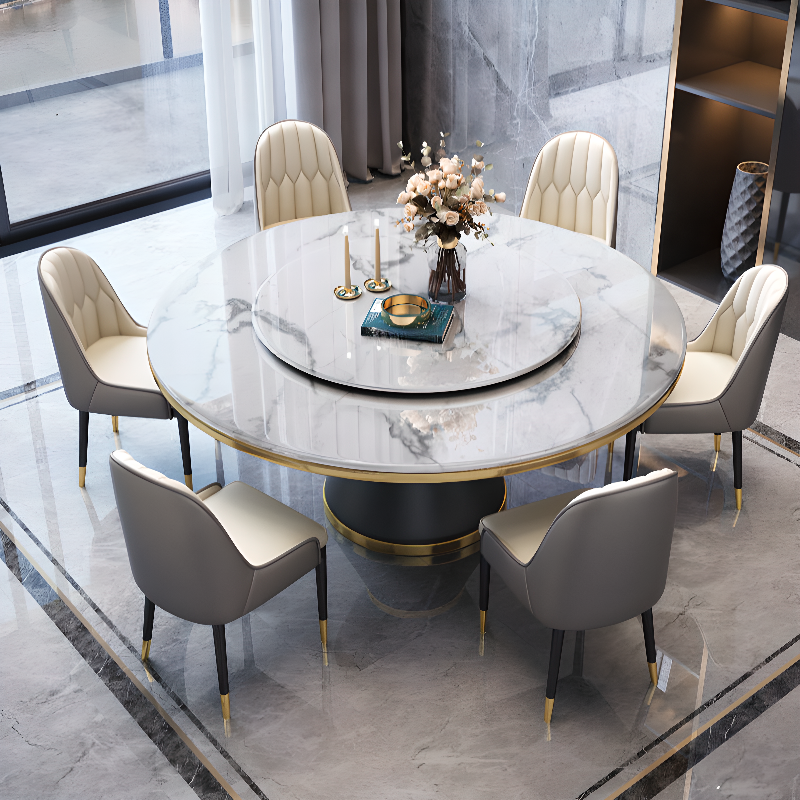 Circular Slate Dining Table Set with Pedestal Base, Upholstered Swivel Chairs, and Upholstered Back - image 3
