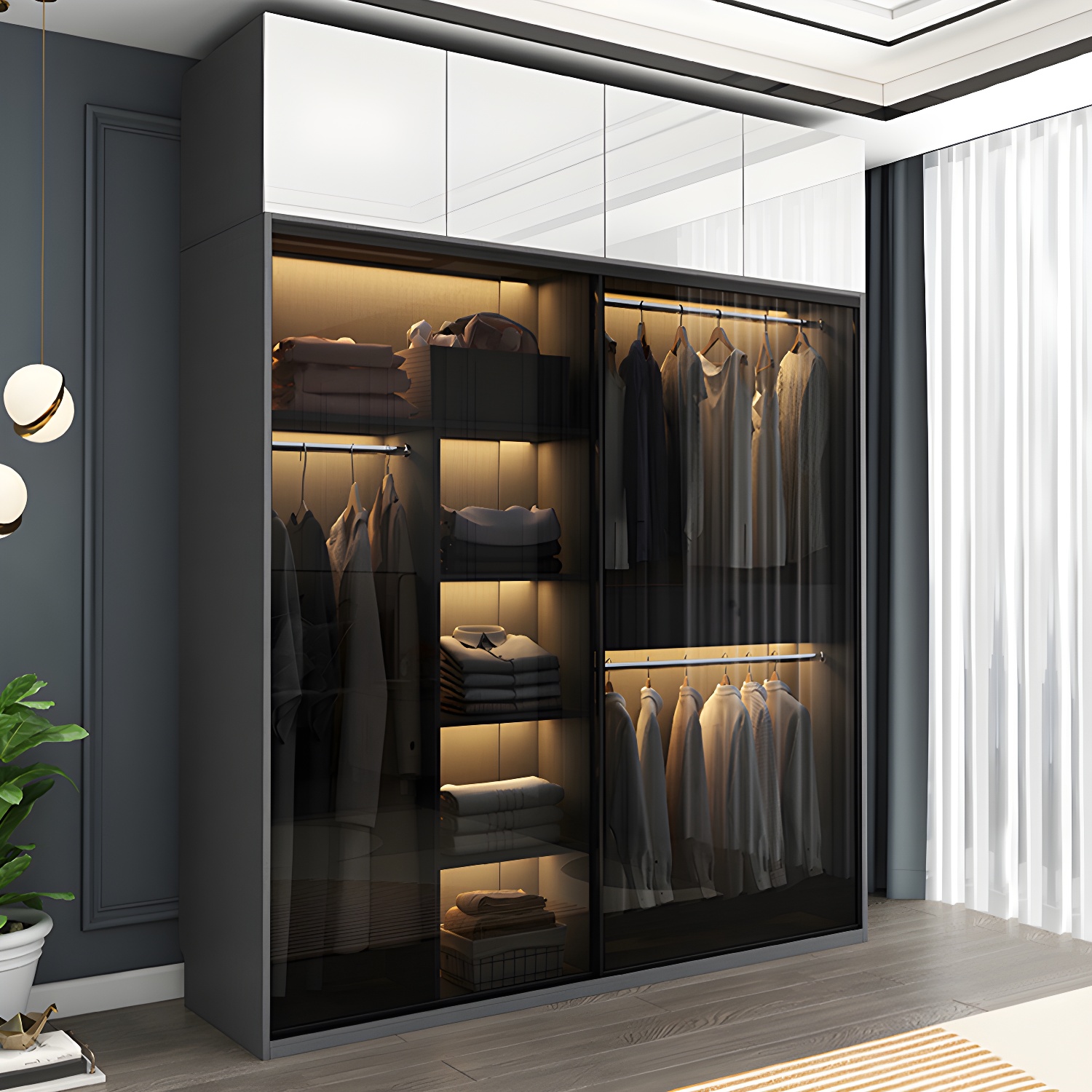 Modern Style Glass Wardrobe 1-Drawer Bedroom Wardrobe Closet - image 12