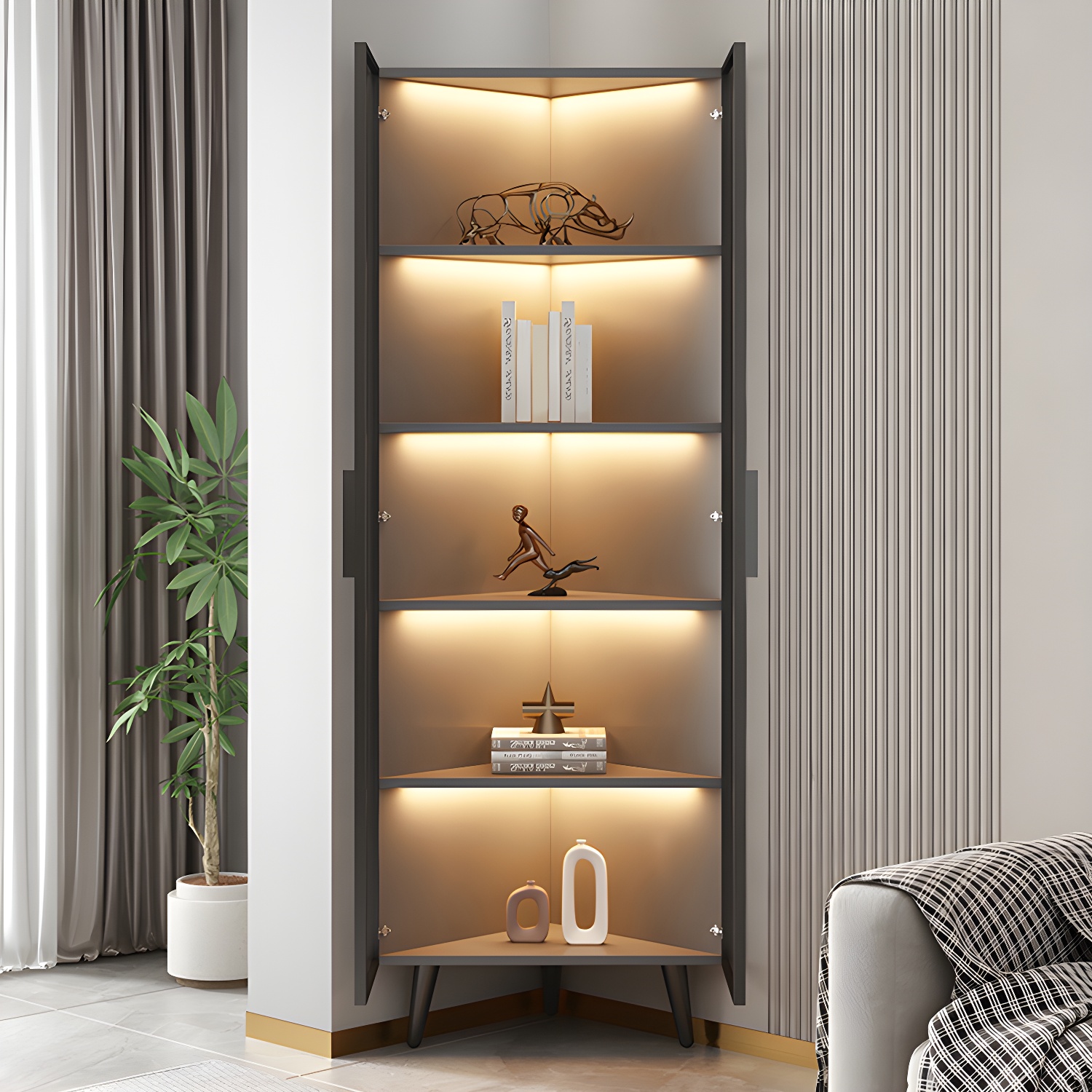 Corner Modern Accent Cabinet with Black Metal Base and Glass Doors, Black Wood Counter Top - image 9