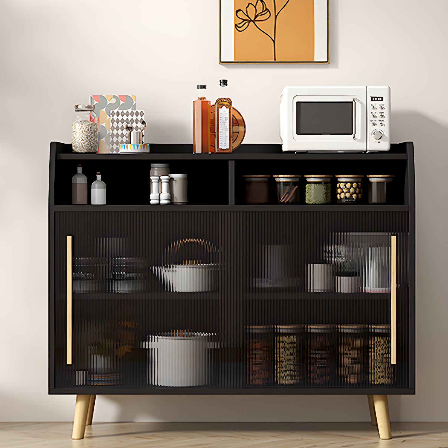 Scandinavian Wood Sideboard Credenza with Acrylic Doors and Cabinet Storage - image 8