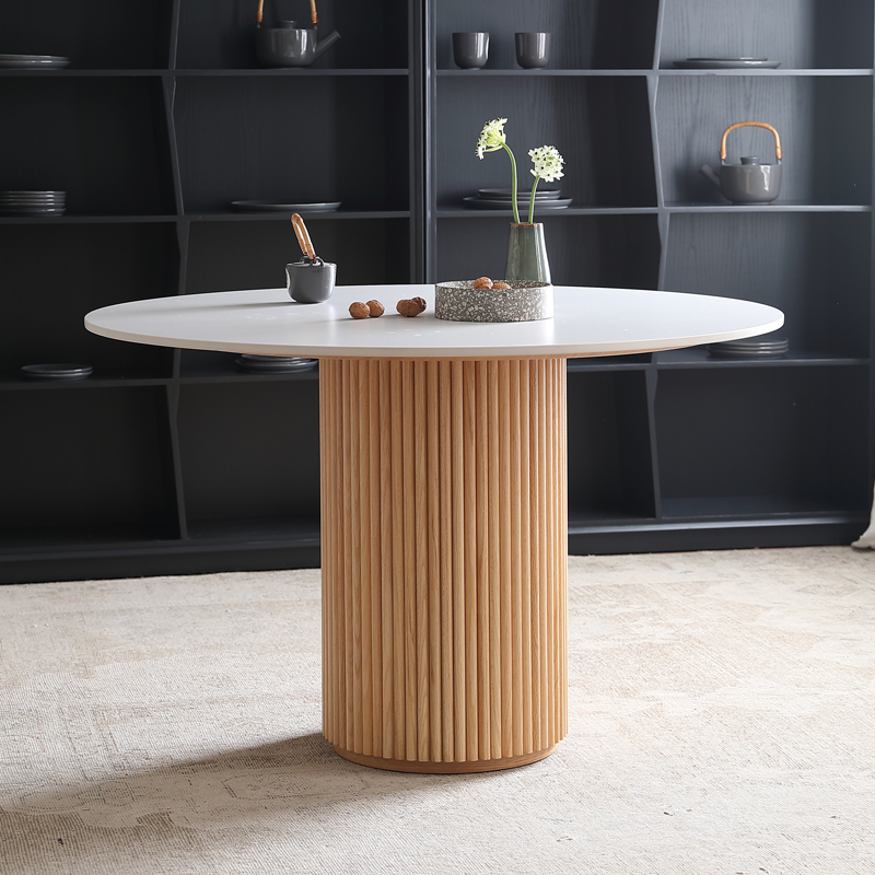 Fixed Rounded Dining Table for 4/2 People/Seats 6 with Ribbed Leg and a Slate/Wooden Tabletop in Natural/Chalk in a Nordic Style - image 3