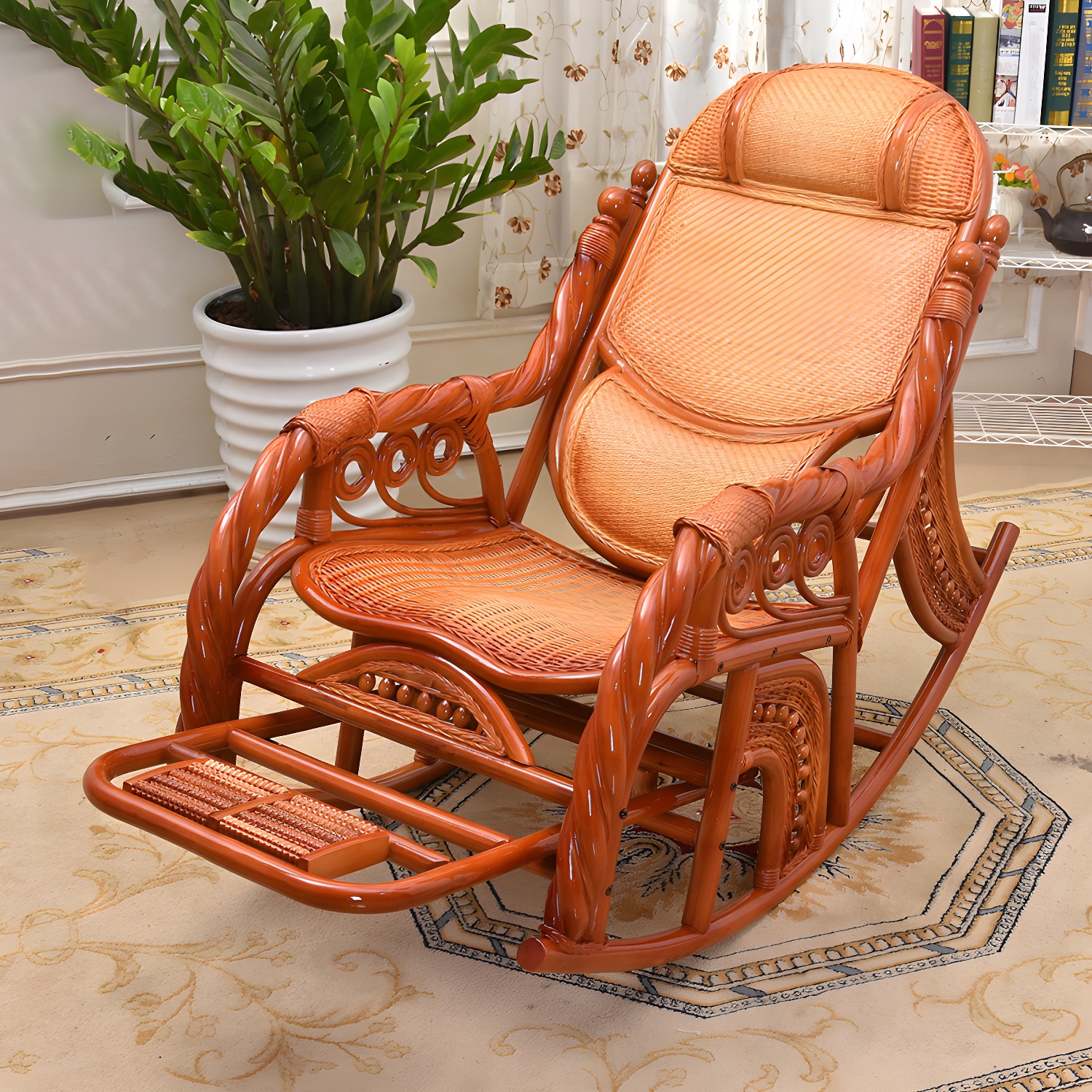 Traditional Spindle Rocking Chair Tobacco Finish with Pillow Rocker Chair Wicker