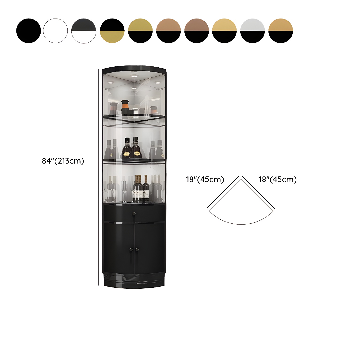 Corner Modern Accent Cabinet with Wood Counter Top, Glass Doors, and Metal Base - image 15