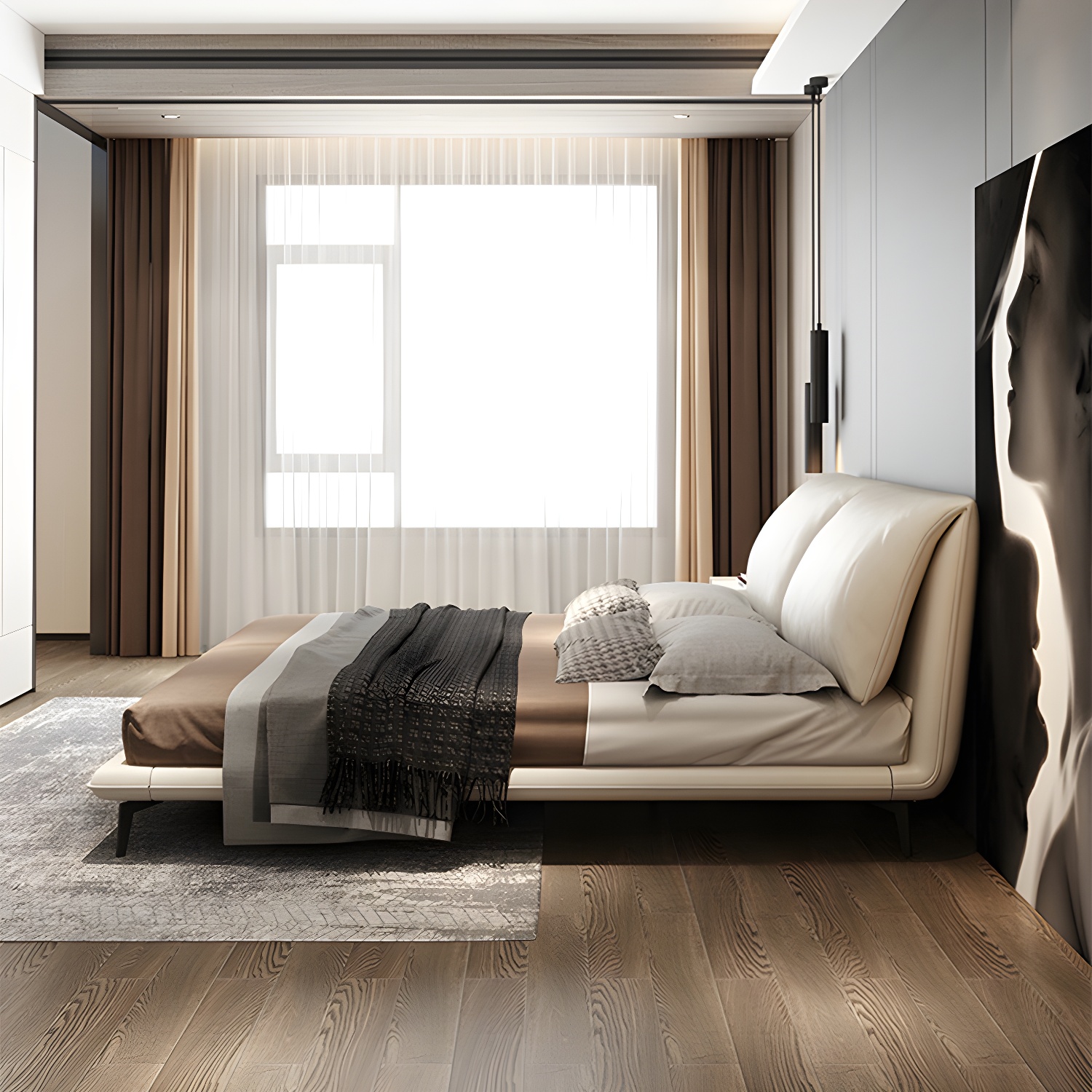 Modern Low Profile Panel Bed Genuine Leather Upholstered Bed Frame - image 5