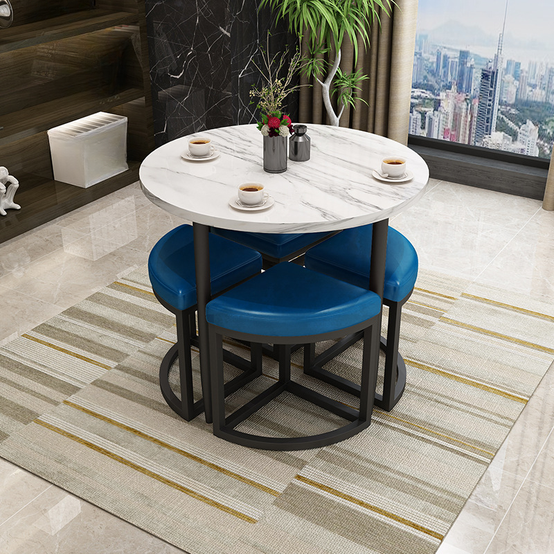Reclaimed Wood Round Dining Table Set with Metal Toboggan Base and Upholstered Backless Chairs for 4 People