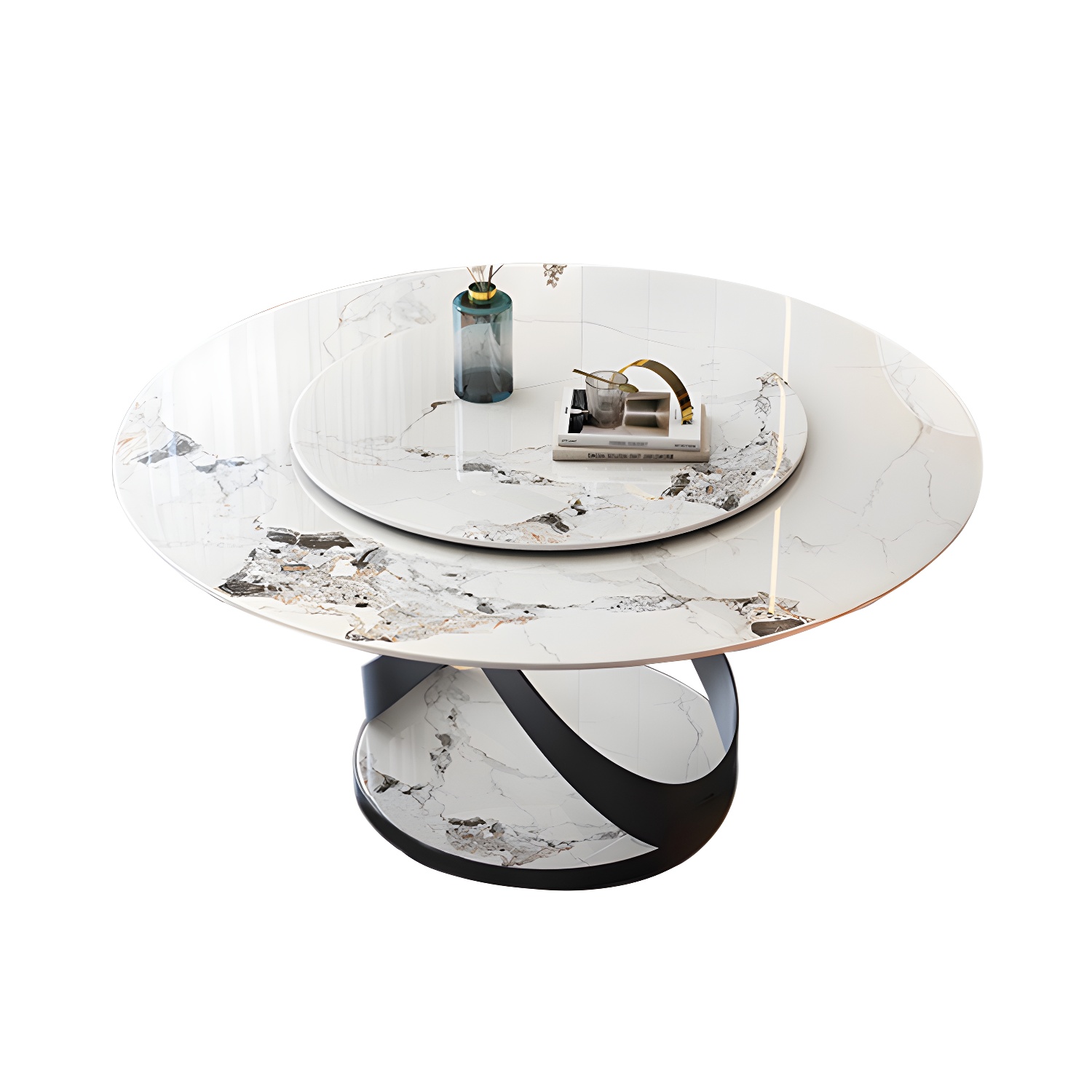 Modern Round Stone Top Lazy Susan Dining Table with Black Steel Pedestal - image 4