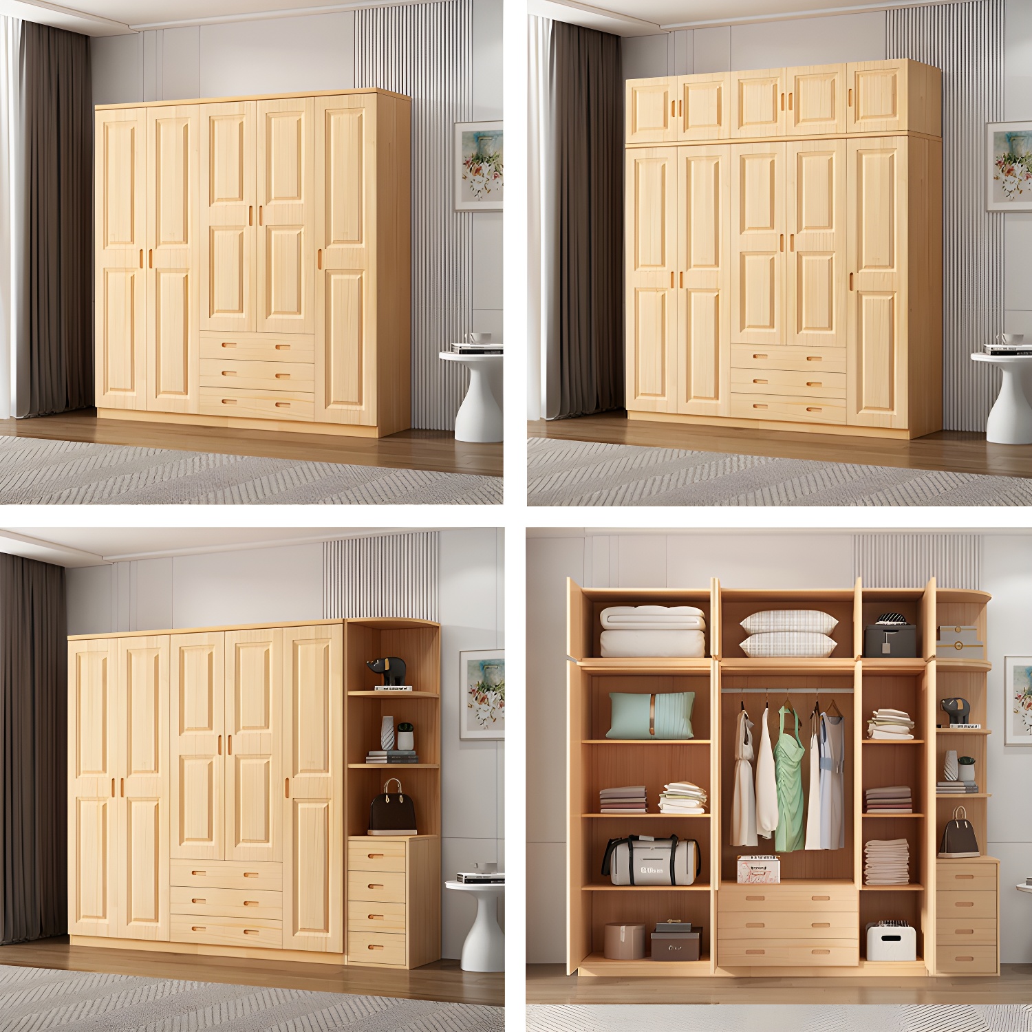 Modern Natural Pine Wardrobe Armoire with Drawers and Clothing Rod - image 13