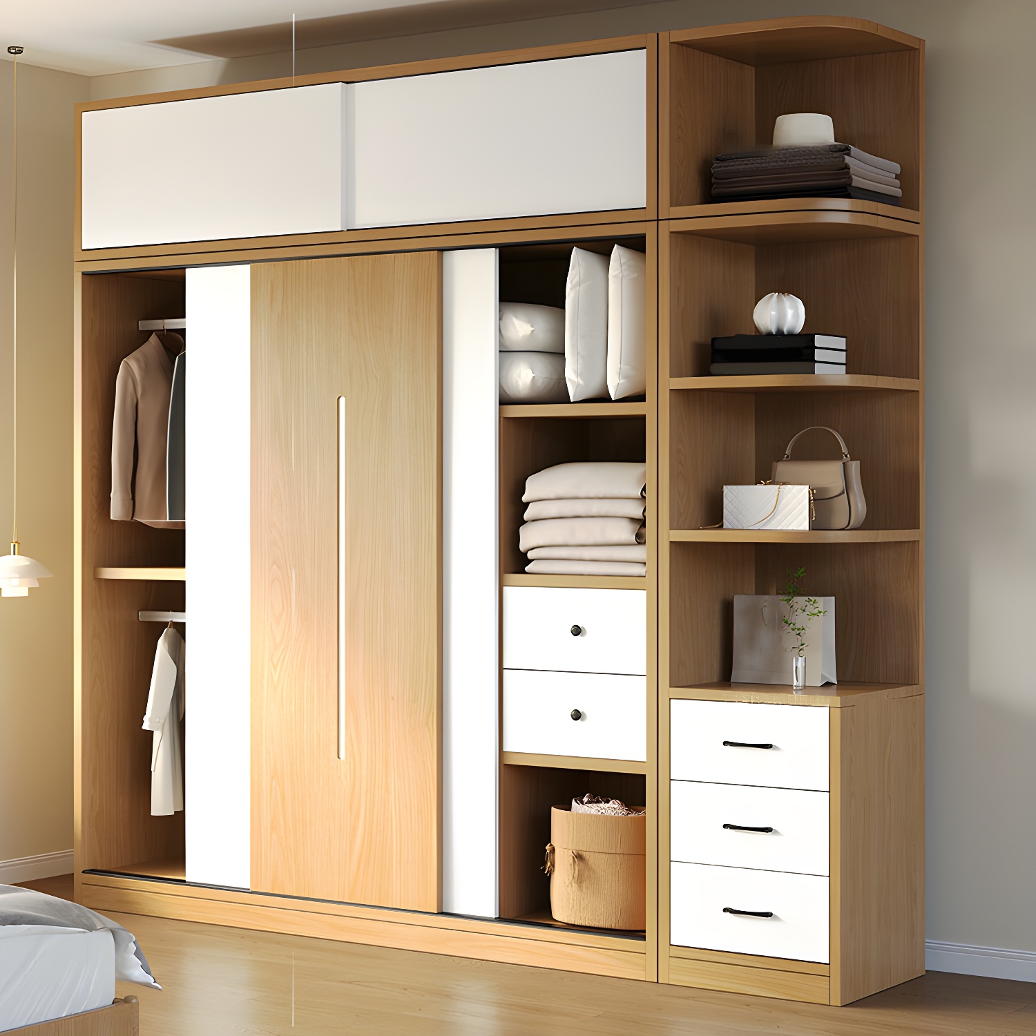 Natural Color Minimalist Cabinet Armoire with Soft Close Drawer, Soft Close Door & Interior Shelves