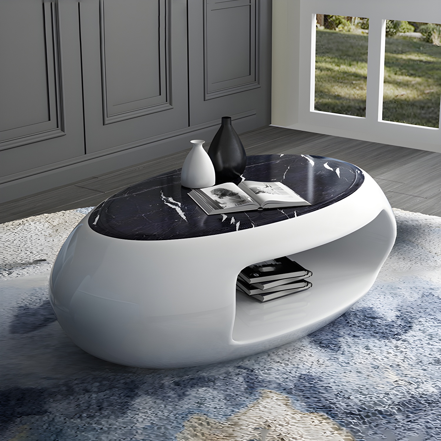 Modern Oval Coffee Table with Storage Shelf and Plastic Pedestal Base - image 6