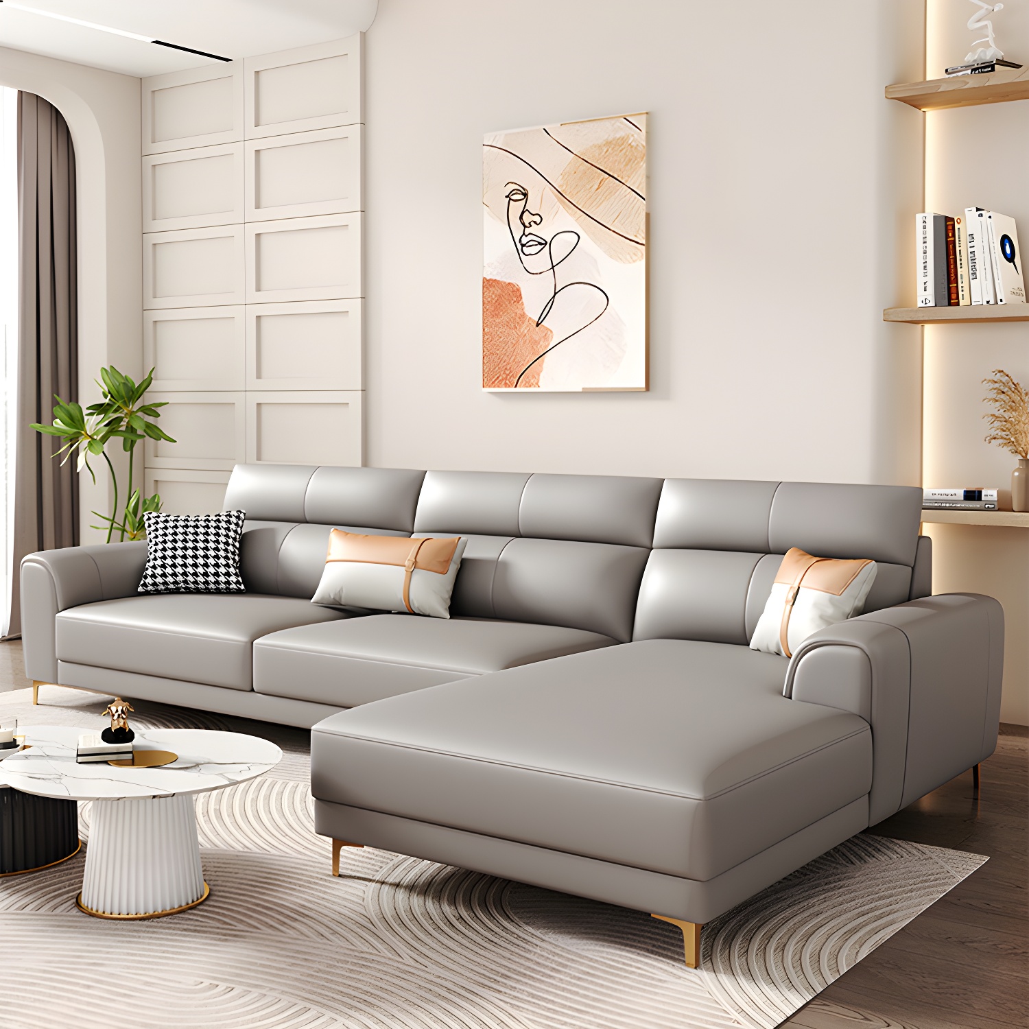 Modern Gray Faux Leather Sectional Sofa with Pillow Top Arms and Wood Frame