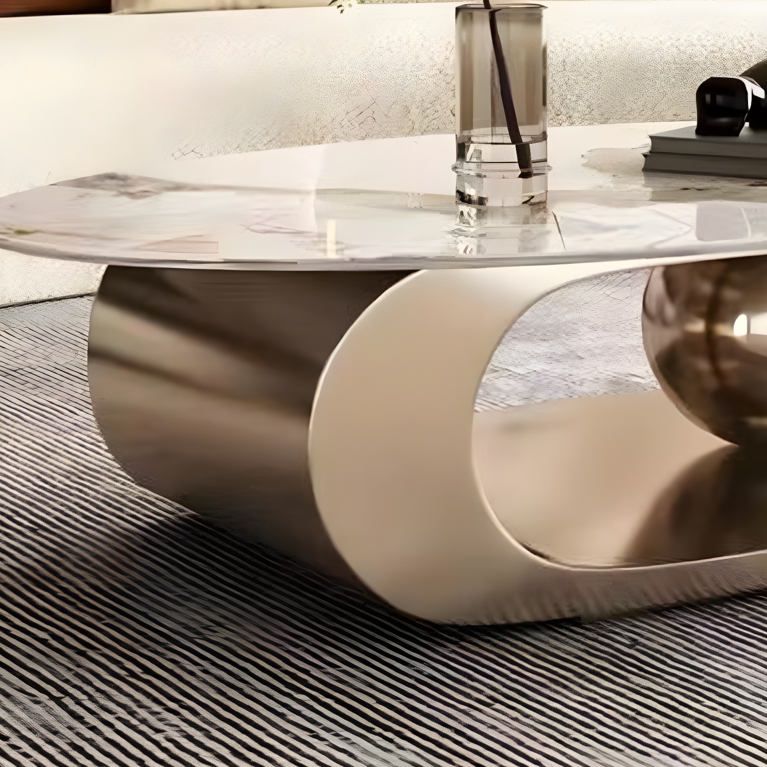 Glam Stone Coffee Table - Beige Oval Shape with Abstract Stainless Steel Base and Scratch Resistant - image 11