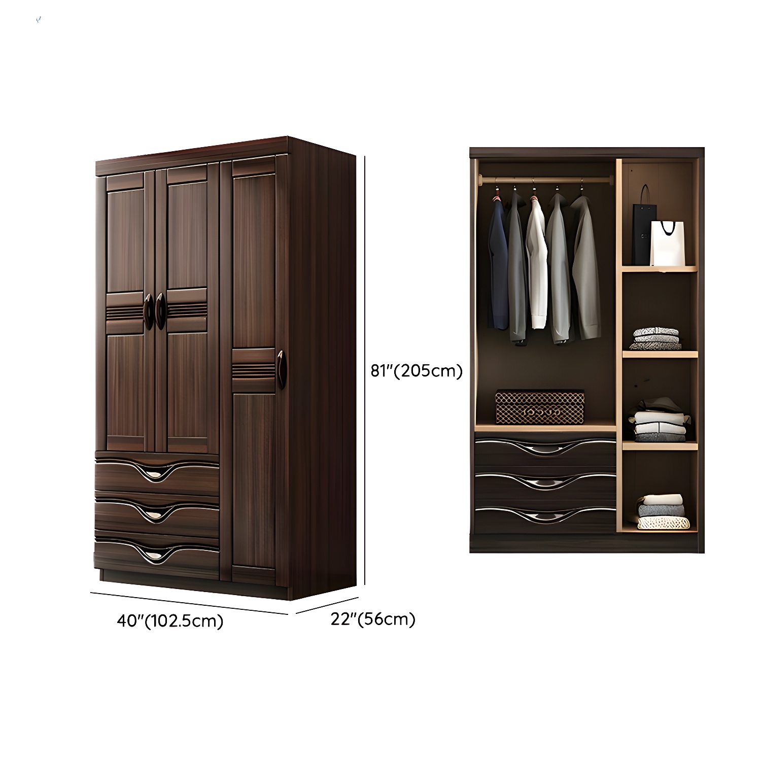 Traditional Black-brown Storage Wood Wardrobe with Clothing Rod and Shelves - image 9