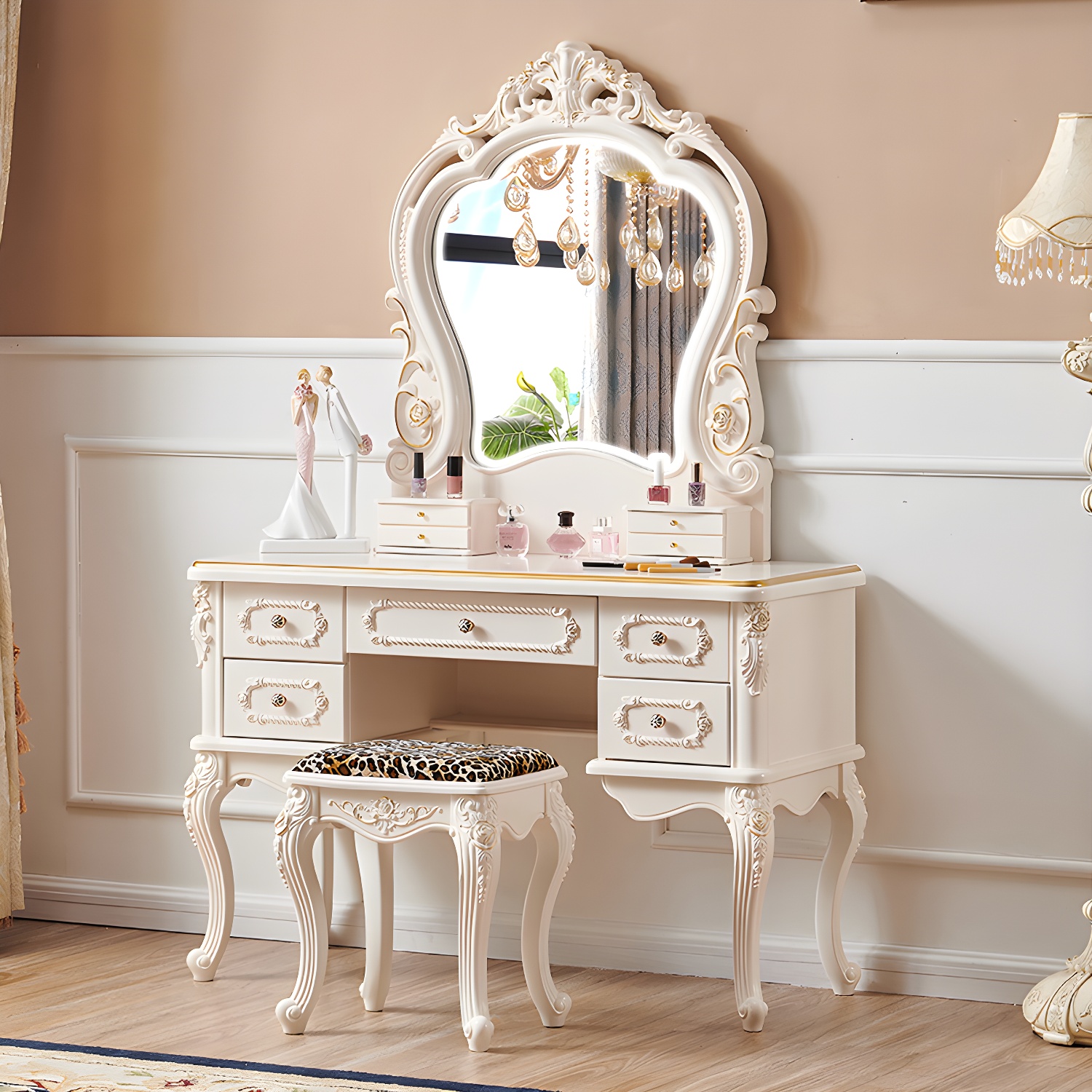 Victorian Make up Table Stool Set with Mirror and Drawers for Bedroom - image 3