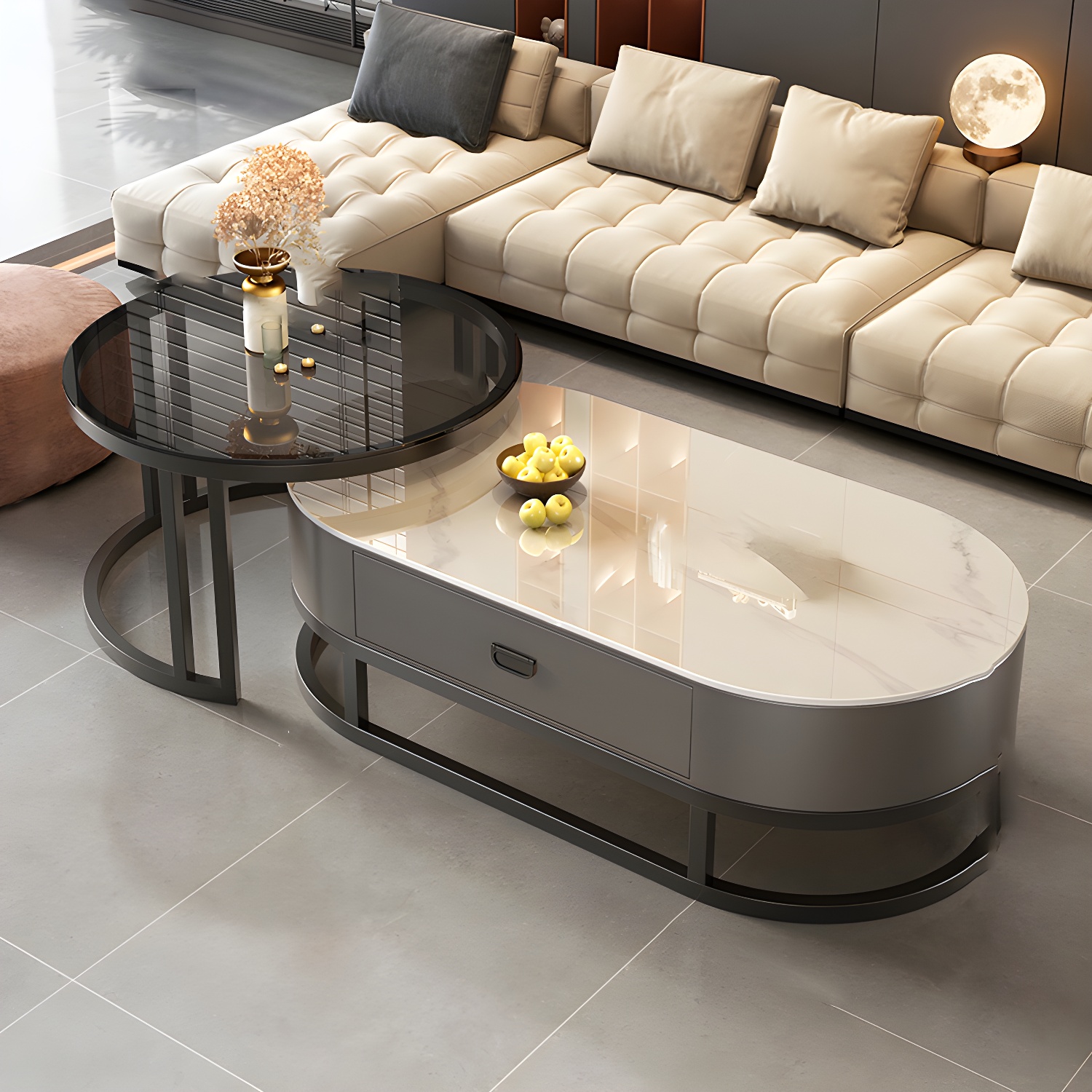 Set of 2 Modern Nesting Stone Coffee Tables with Metal Frame and Drawers