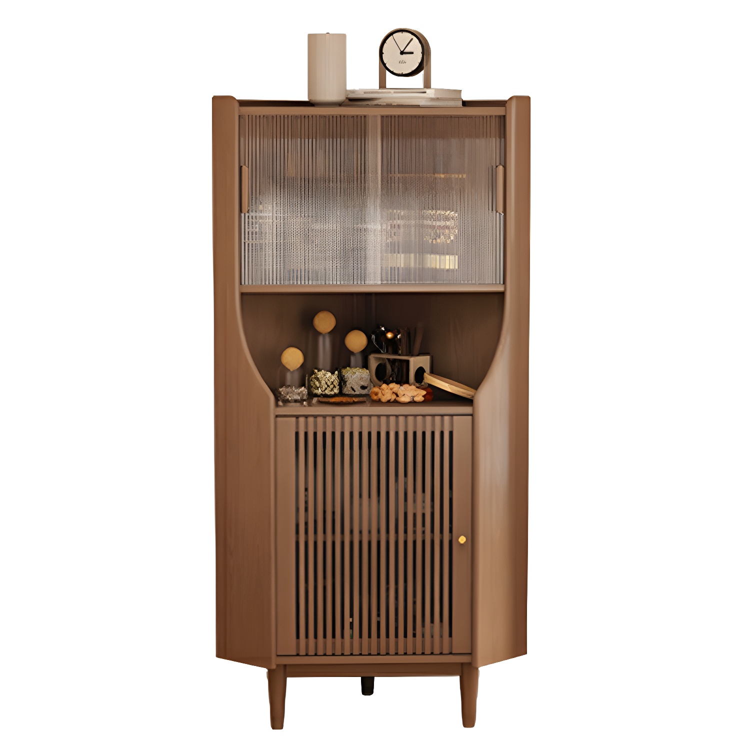 Corner Scandinavian Accent Cabinet with Wood Counter Top and Glass Doors, 2 Exterior Shelves
