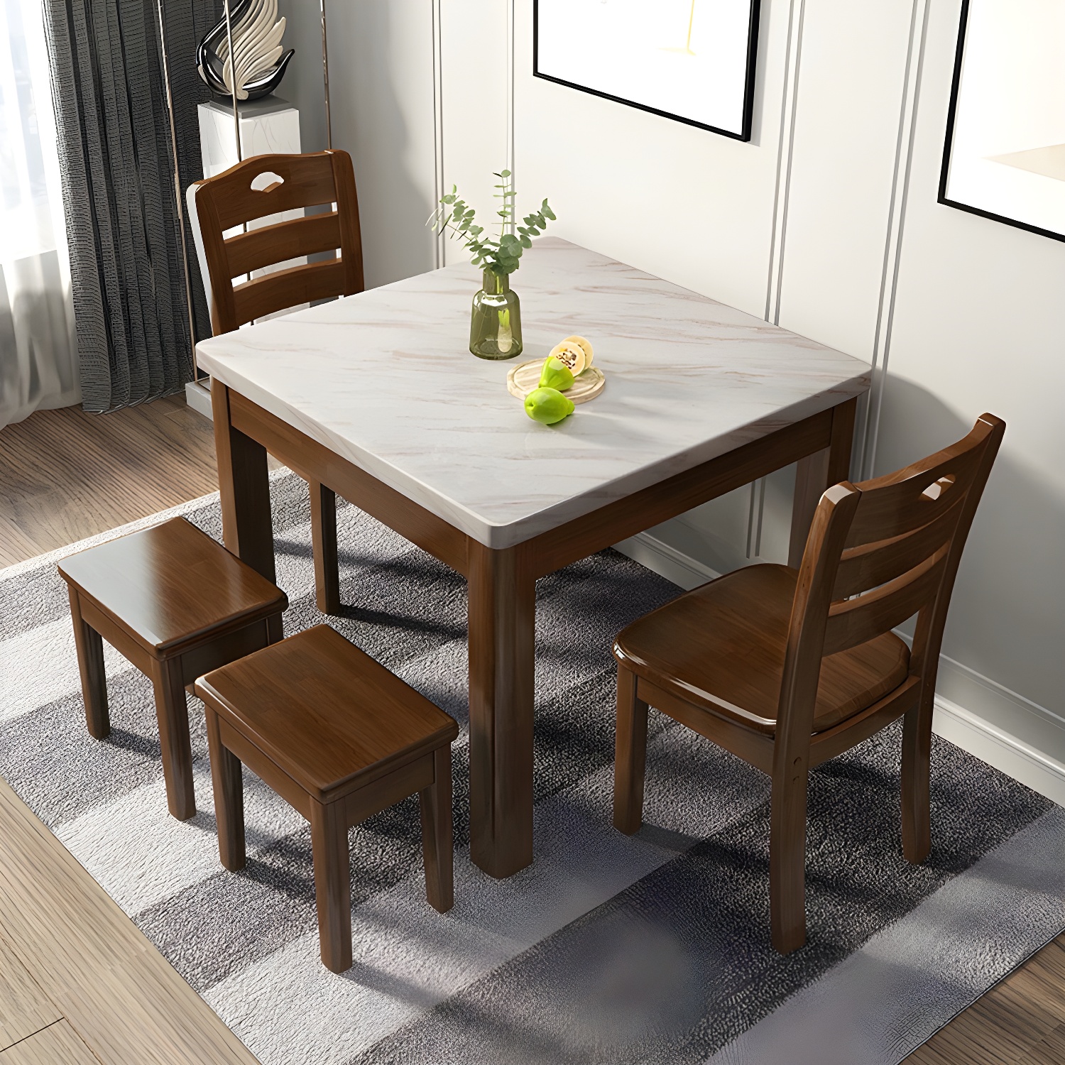 Square Marble Dining Table Set 1/5 Pieces with Solid Wood Base for Kitchen - image 4
