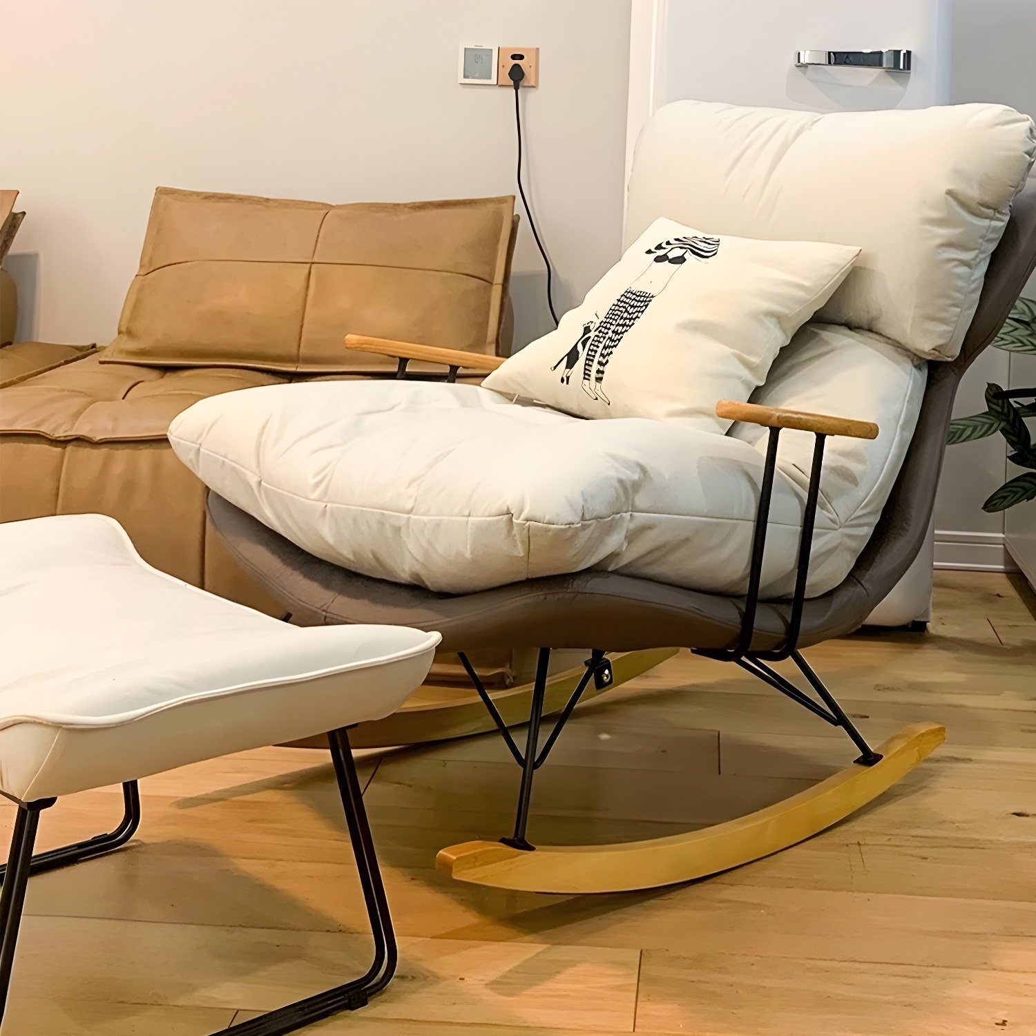 Scandinavian Indoor Upholstered Rocking Chair with Track Arms and Natural Wood Legs - image 10