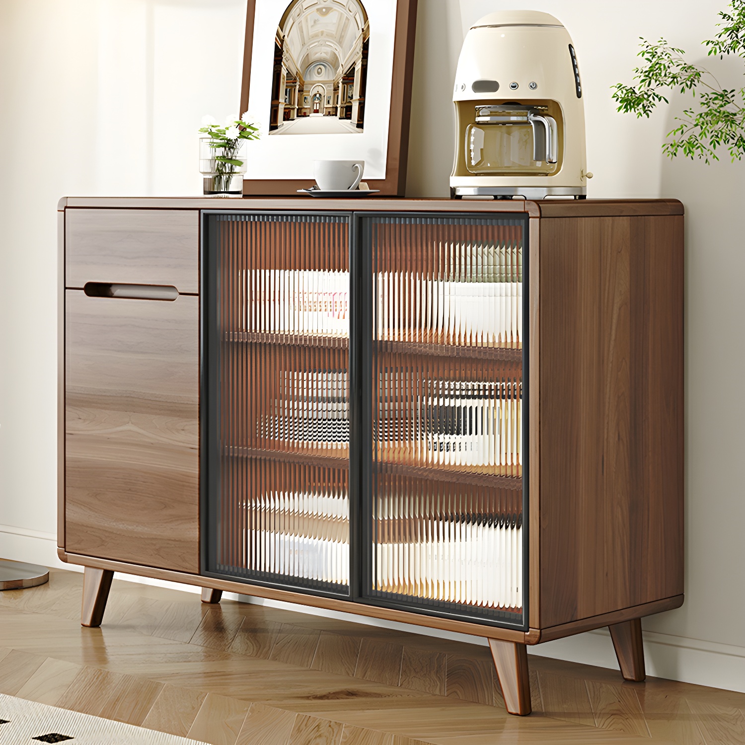 Contemporary Engineered Wood Free-standing Sideboard with Glass Door and Adjustable Shelves