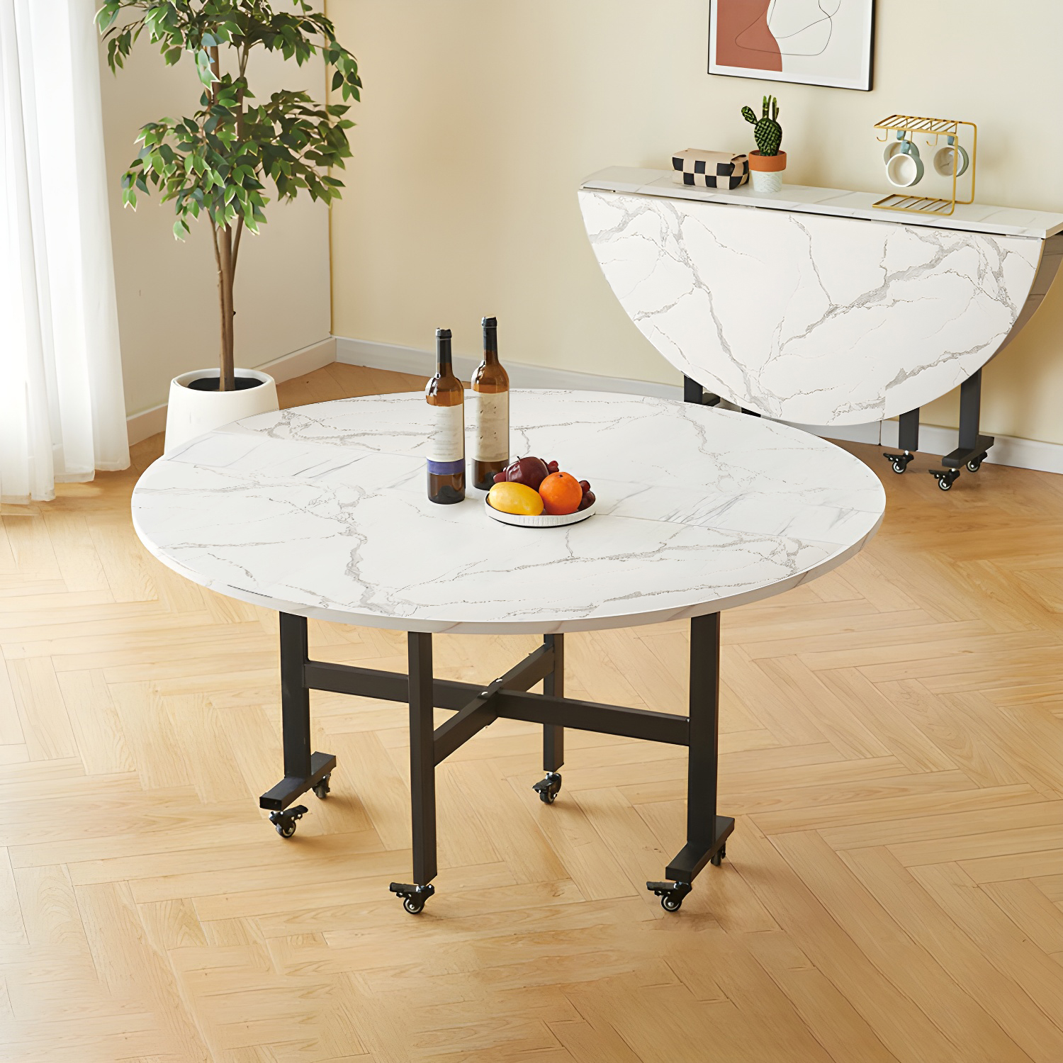 Modern Foldable Manufactured Wood Round Top Dining Table with Movable Steel Black Trestle