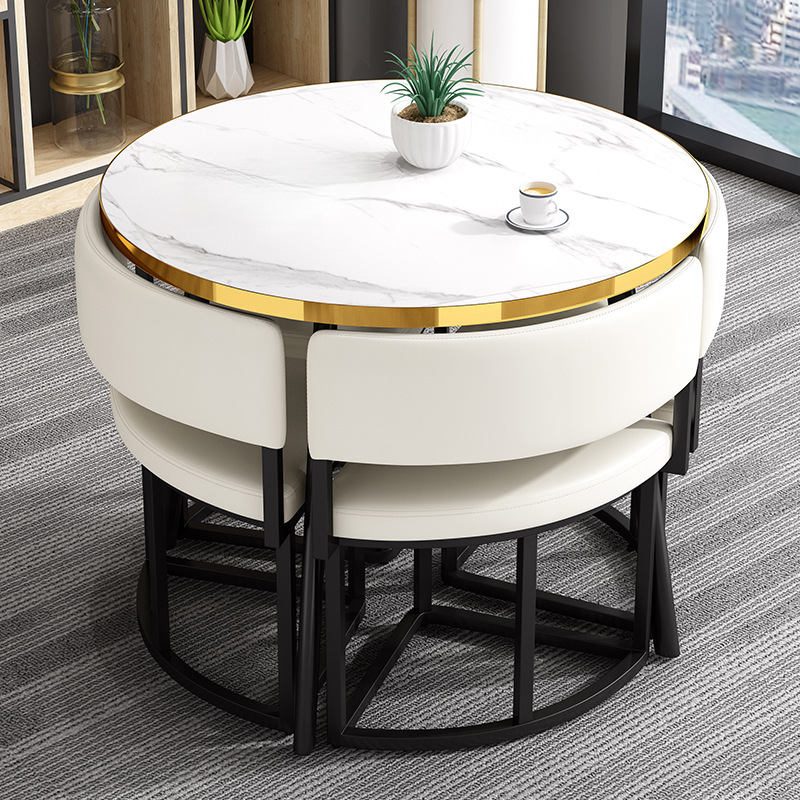 Art Deco Circular-shaped Upholstered Chair Metal & Faux Wood Dining Table Set with Upholstered Back in White, 5 Pieces - image 16