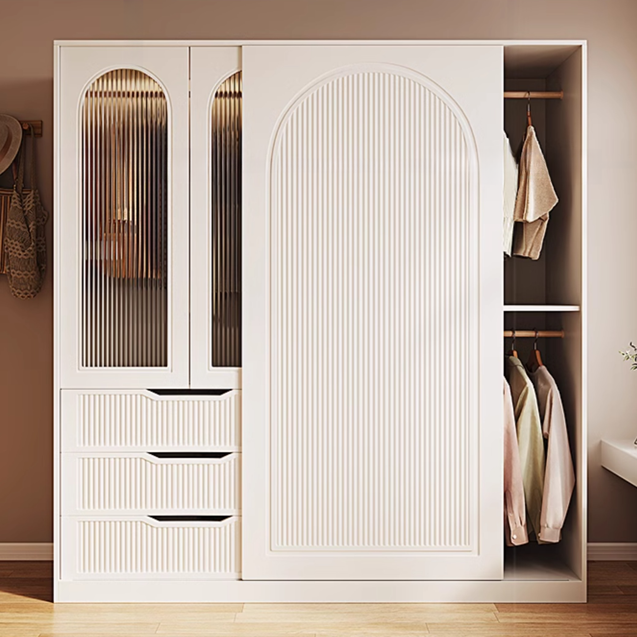 Chalk Almirah in Timber with Clothing Rod, 3 Cabinets/2 Cabinets and 5-Drawer/4-Drawer/3-Drawer in a Minimalist Style, 3-Shelf/2-Shelf Included/Not Included - image 3