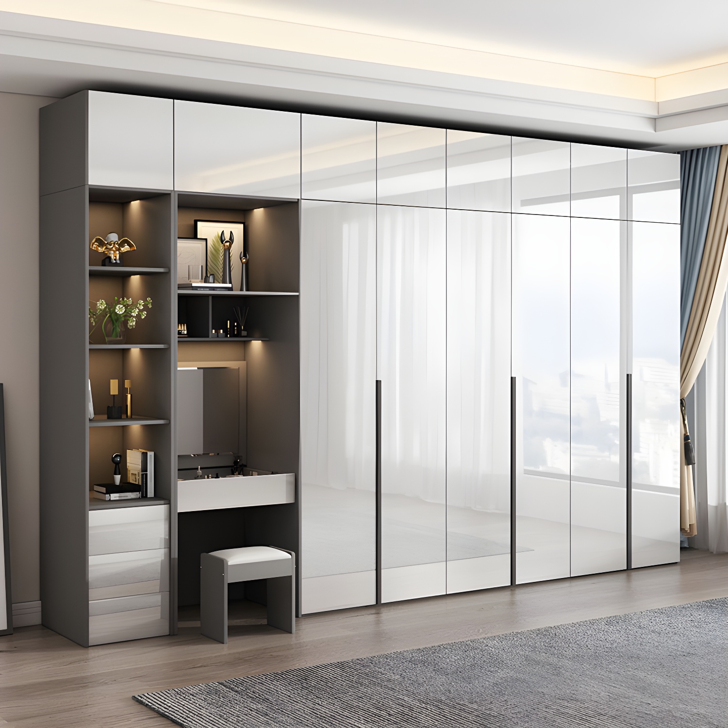 White Mirrored Finish Wardrobe Armoire Engineered Wood Wardrobe Cabinet