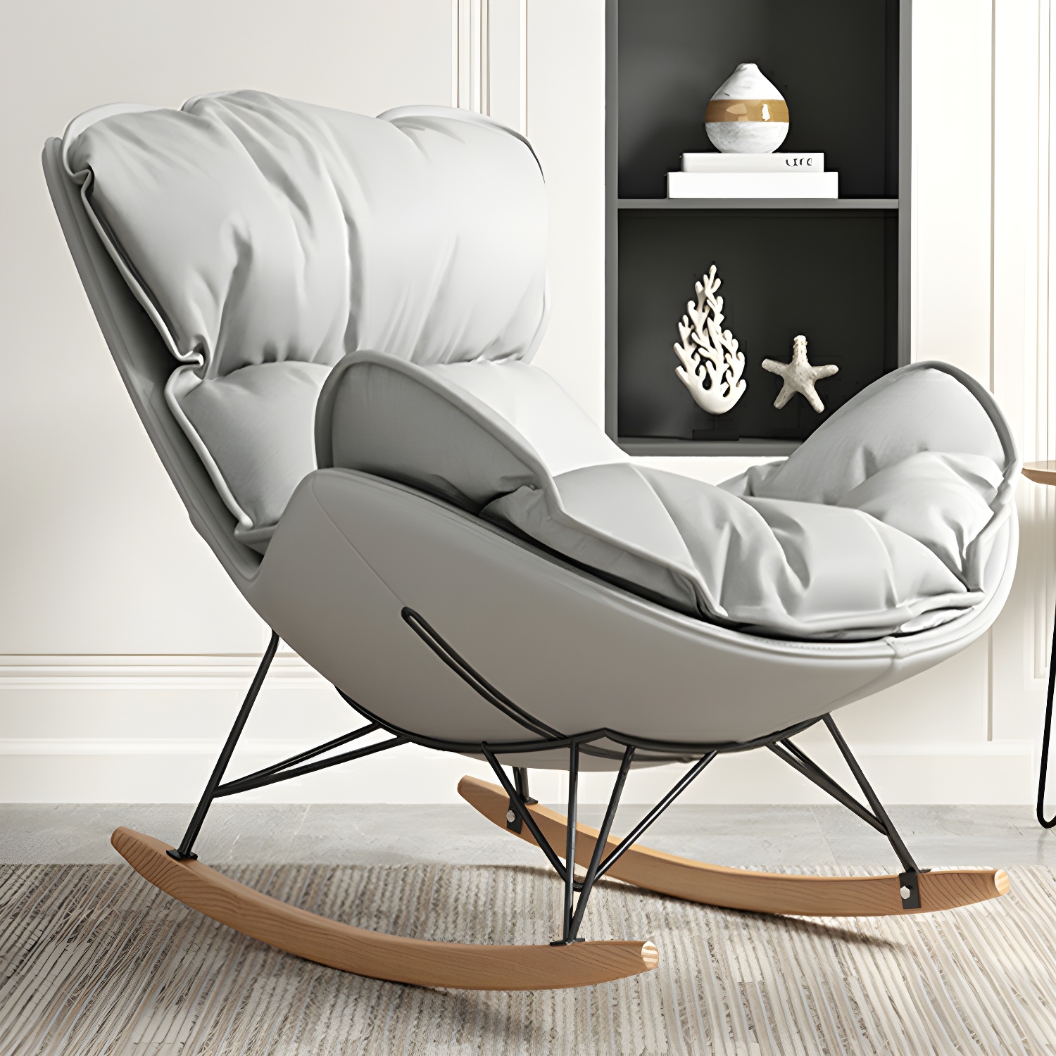 Stylish and Comfortable Modern Upholstered Indoor Rocking Chair with Natural Wood Legs - image 3