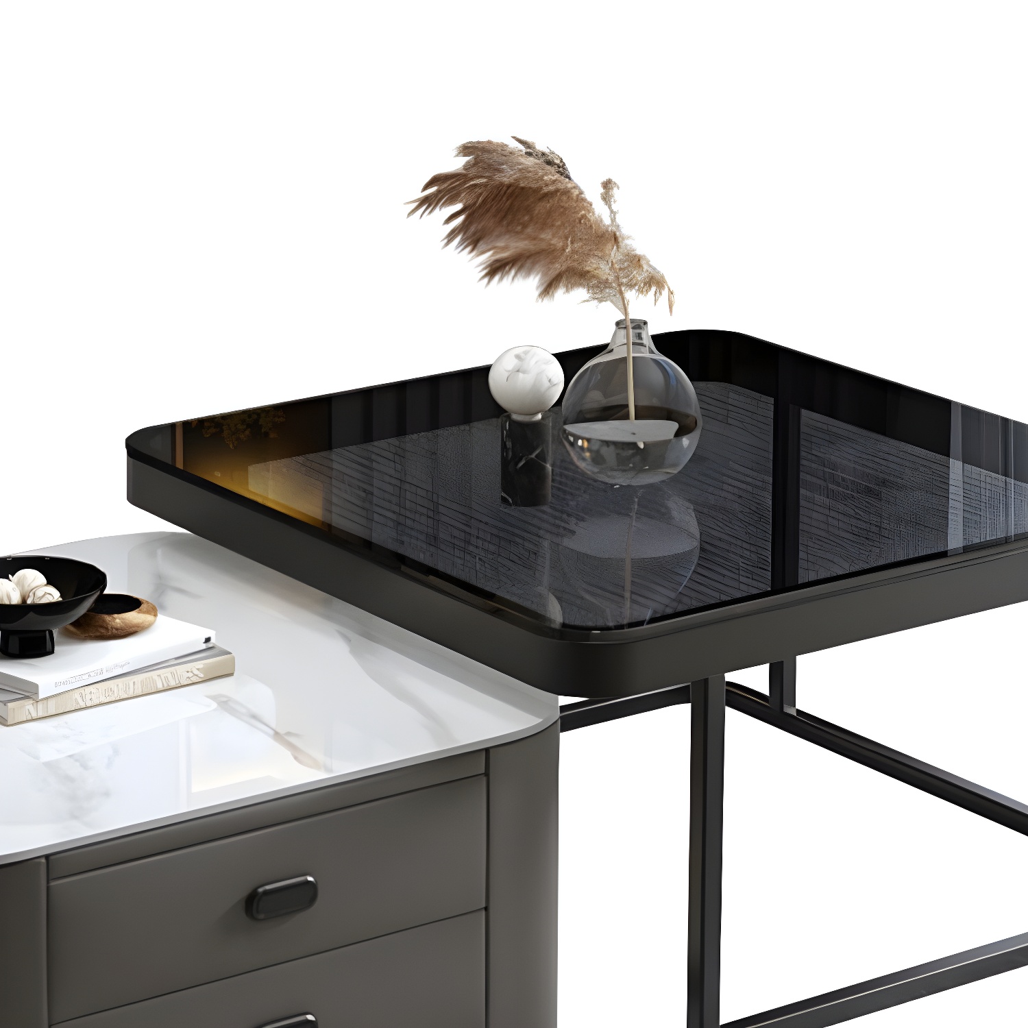 Square Coffee Table Glass Top 2 Nesting Coffee Table Set with Storage - image 21