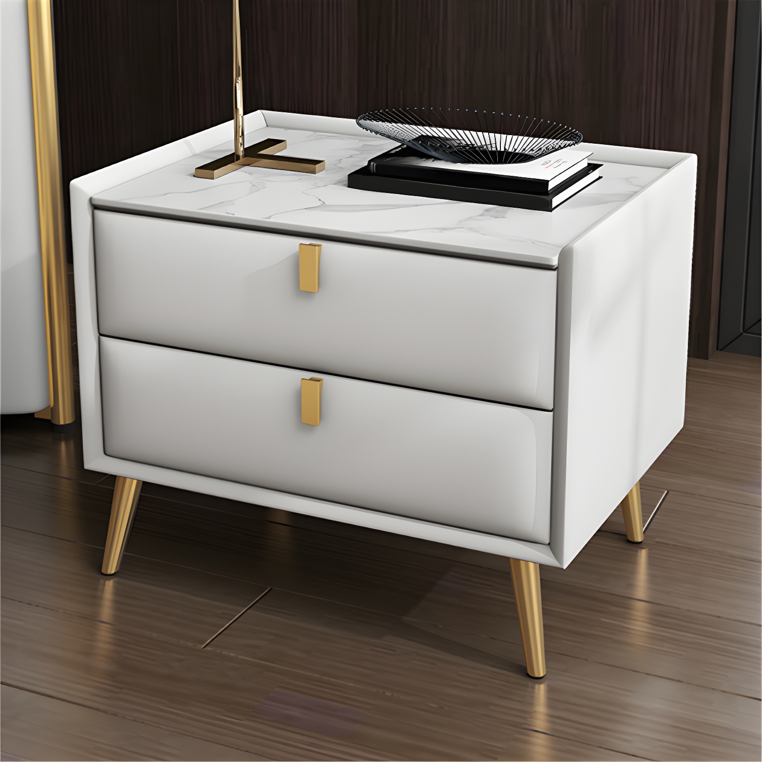 Solid Wood Bedside Table, Modern 2 - Drawer Stone Top Nightstand - image 9