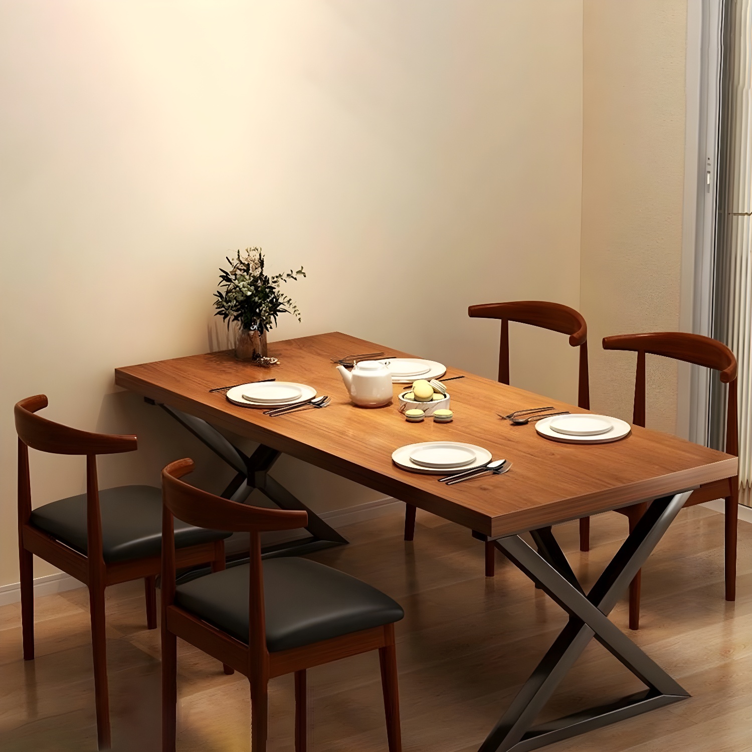 Brown Wood Rectangle Modern Dining Table with Double Black Metal Pedestal Base