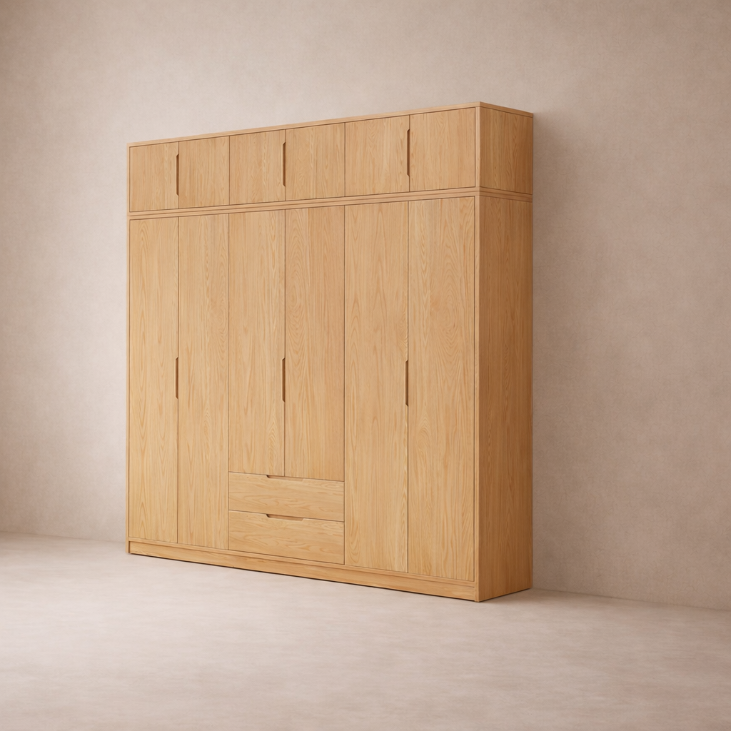 Modern Natural Wood Wardrobe Armoire with Sliding Doors, Drawers, and Shelves - image 17