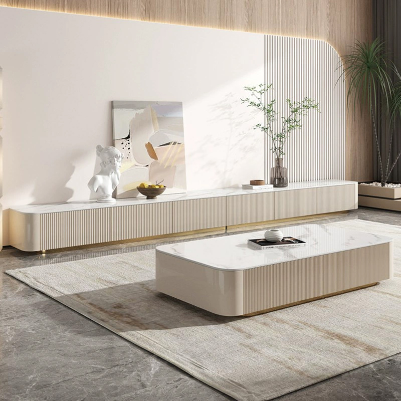 White Modern TV Stand with Low Height, Stone Material & Drawers for Full Assembly
