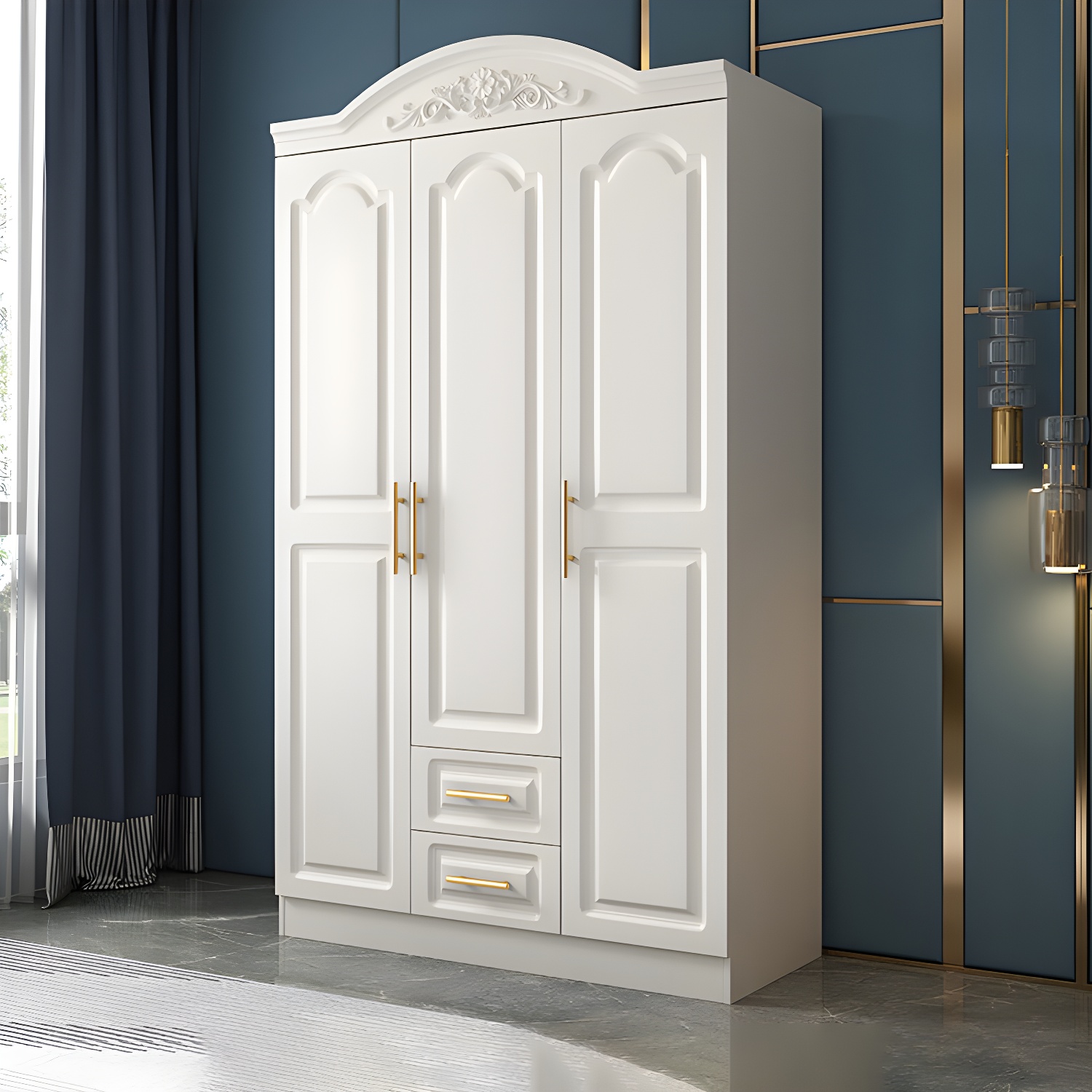 Engineered Wood Armoire Glam White Wardrobe Cabinet with 2 Drawers