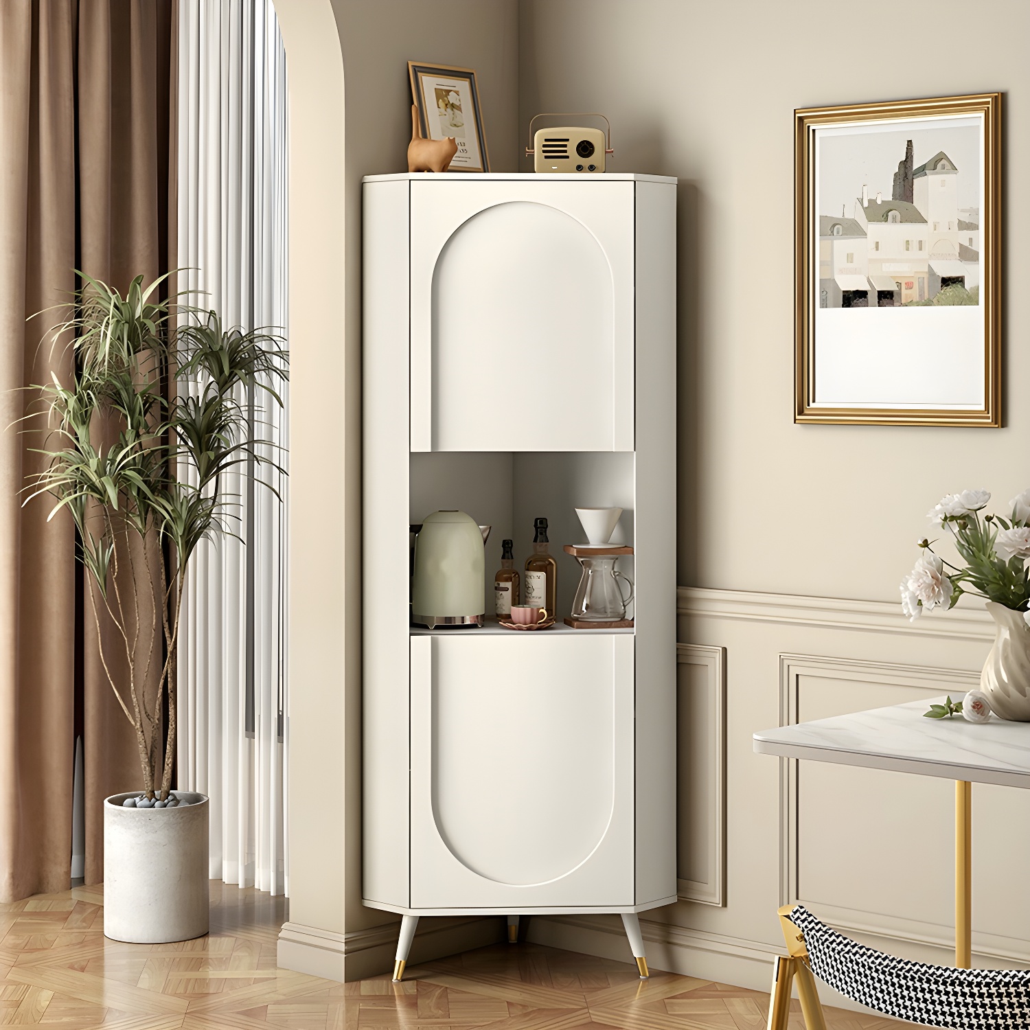 Modern White Corner Accent Cabinet with Stone Counter Top, 2 Cabinets, and 6 Shelves - image 3