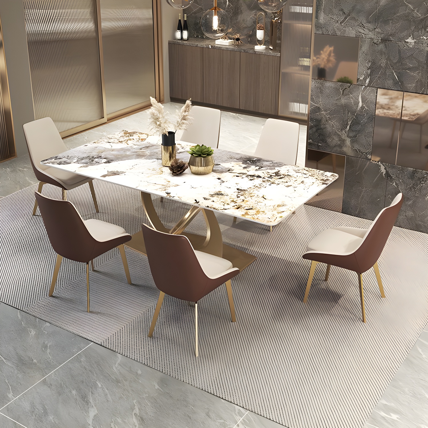 Glossy Beige Dining Table Set 1/2/5/7 Pcs Glam Dinette Set with Leather Chairs - image 4