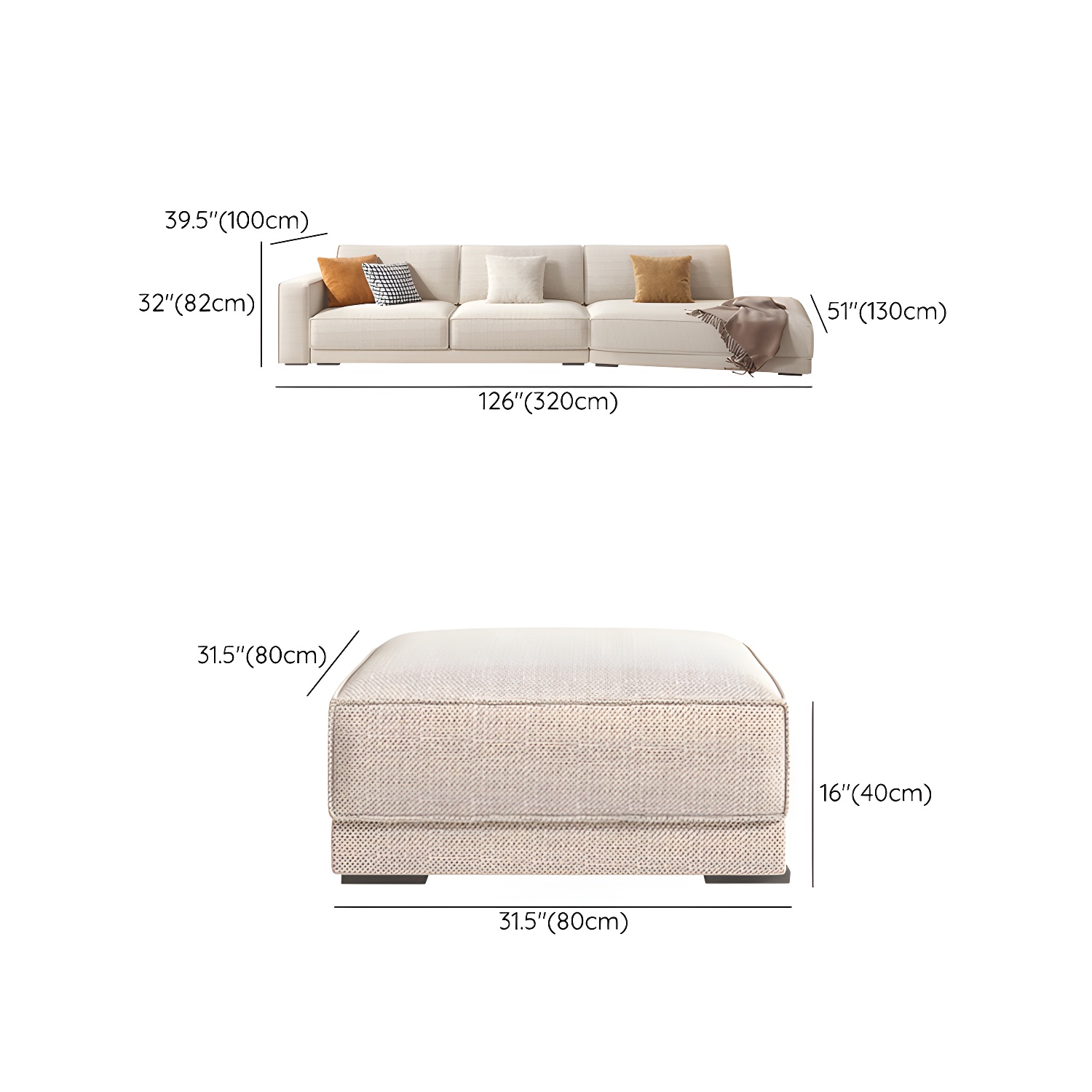 Modern Beige Linen L-Shape Sofa Chaise with Square Arm in Wood Frame - image 26