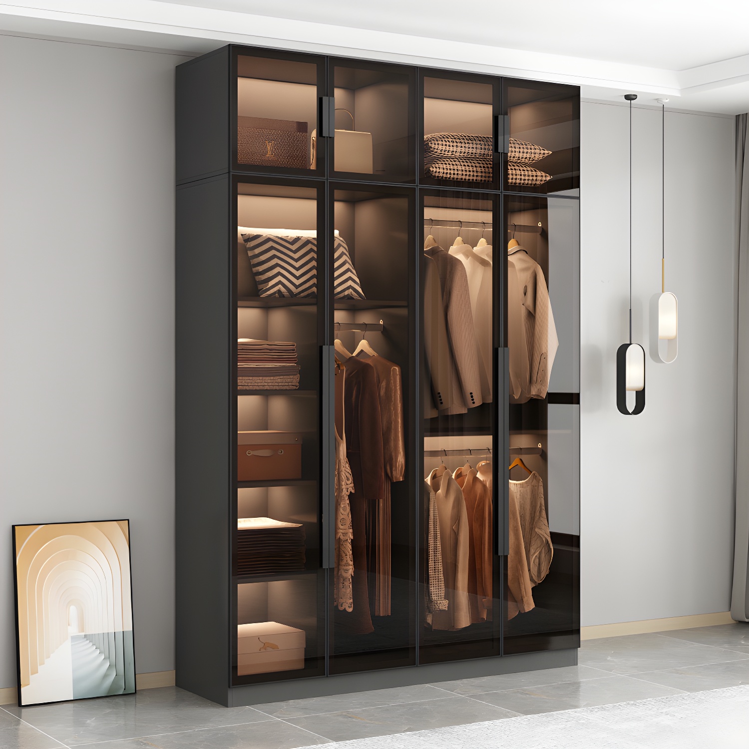 Freestanding Grey Wood Frame Wardrobe Modern Multifunctional Wardrobe with Glass Doors