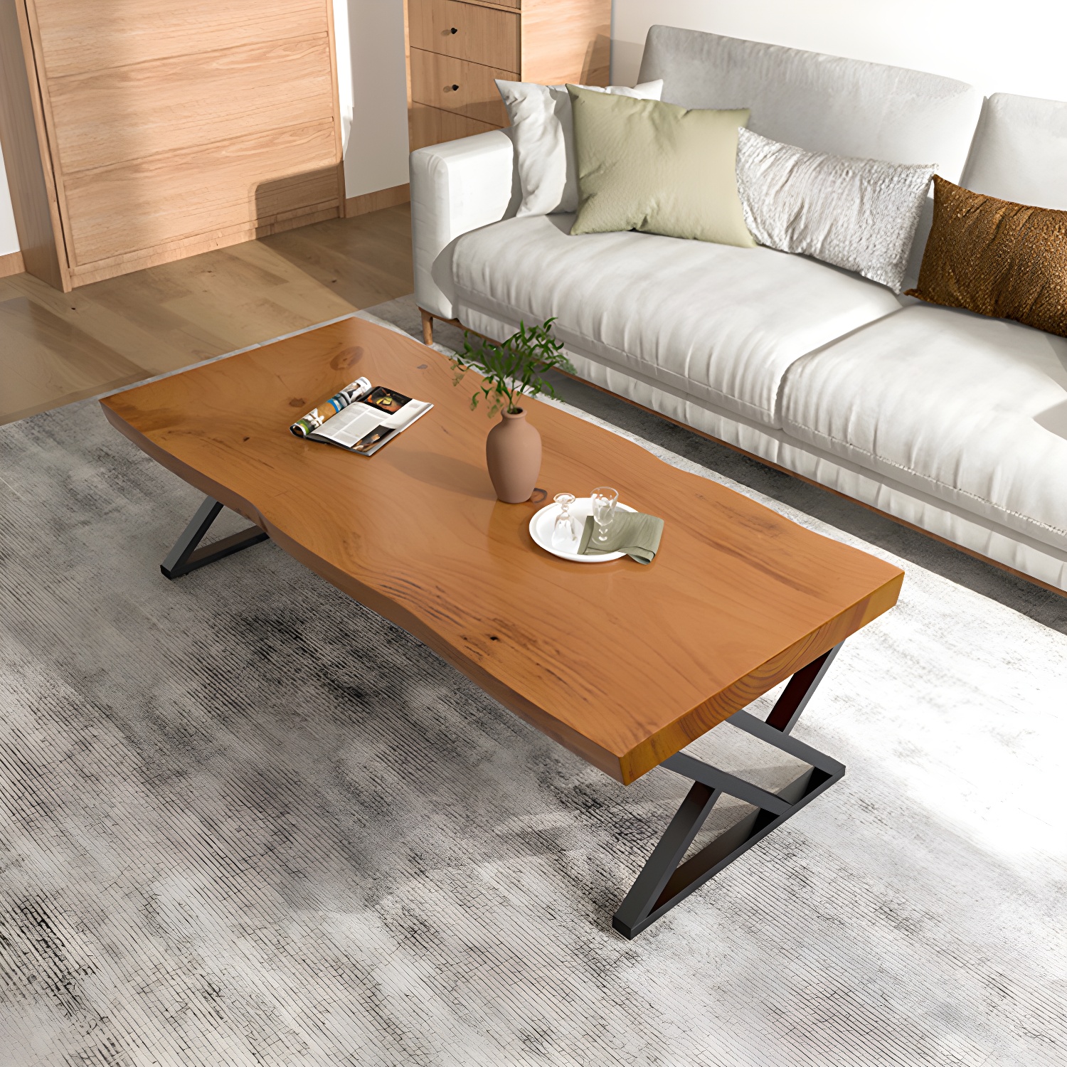 Scandinavian Rectangle Solid Wood Coffee Table Metal Sled Cocktail Table