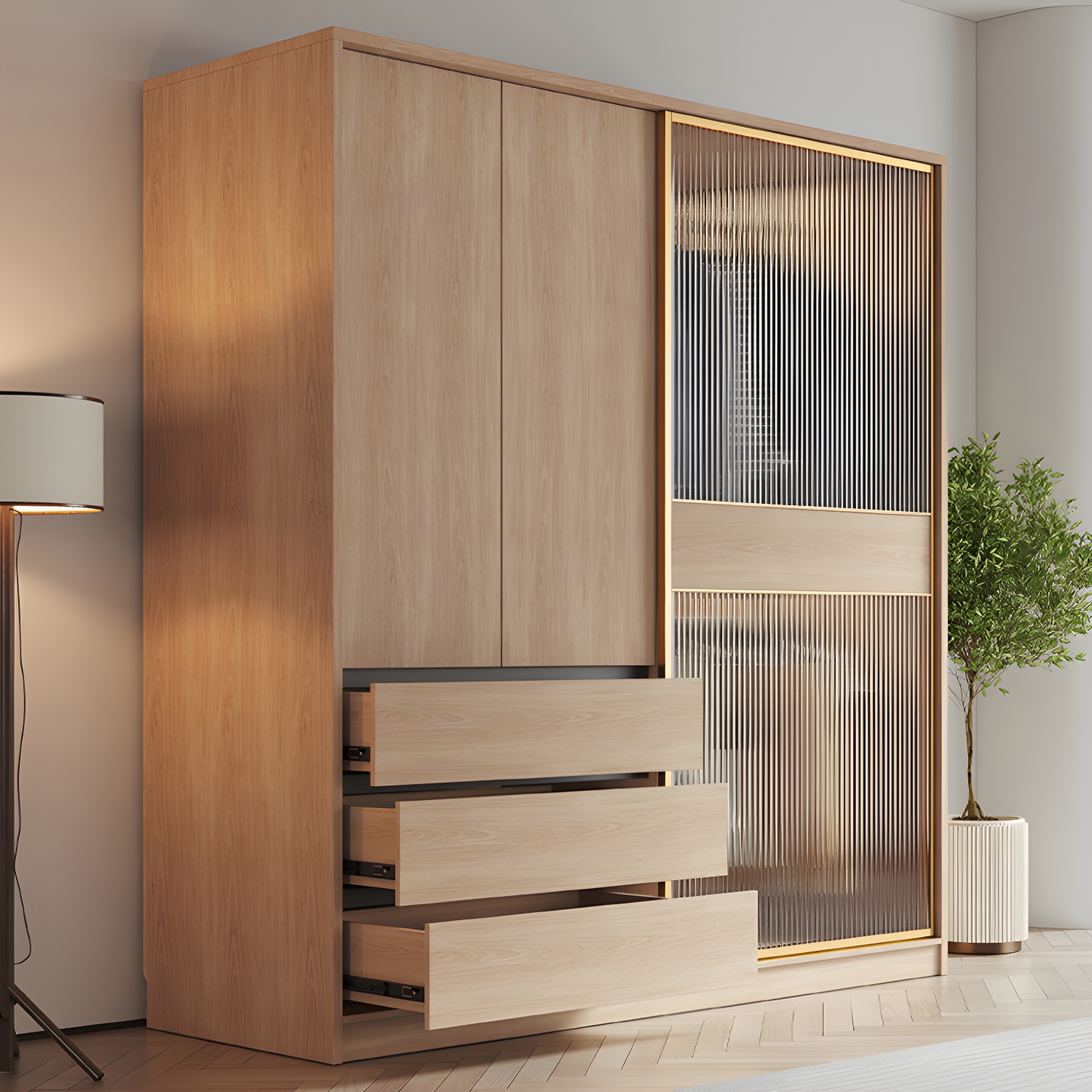 Contemporary Glass Sliding Doors Wardrobe Natural Wood Wardrobe with Drawers