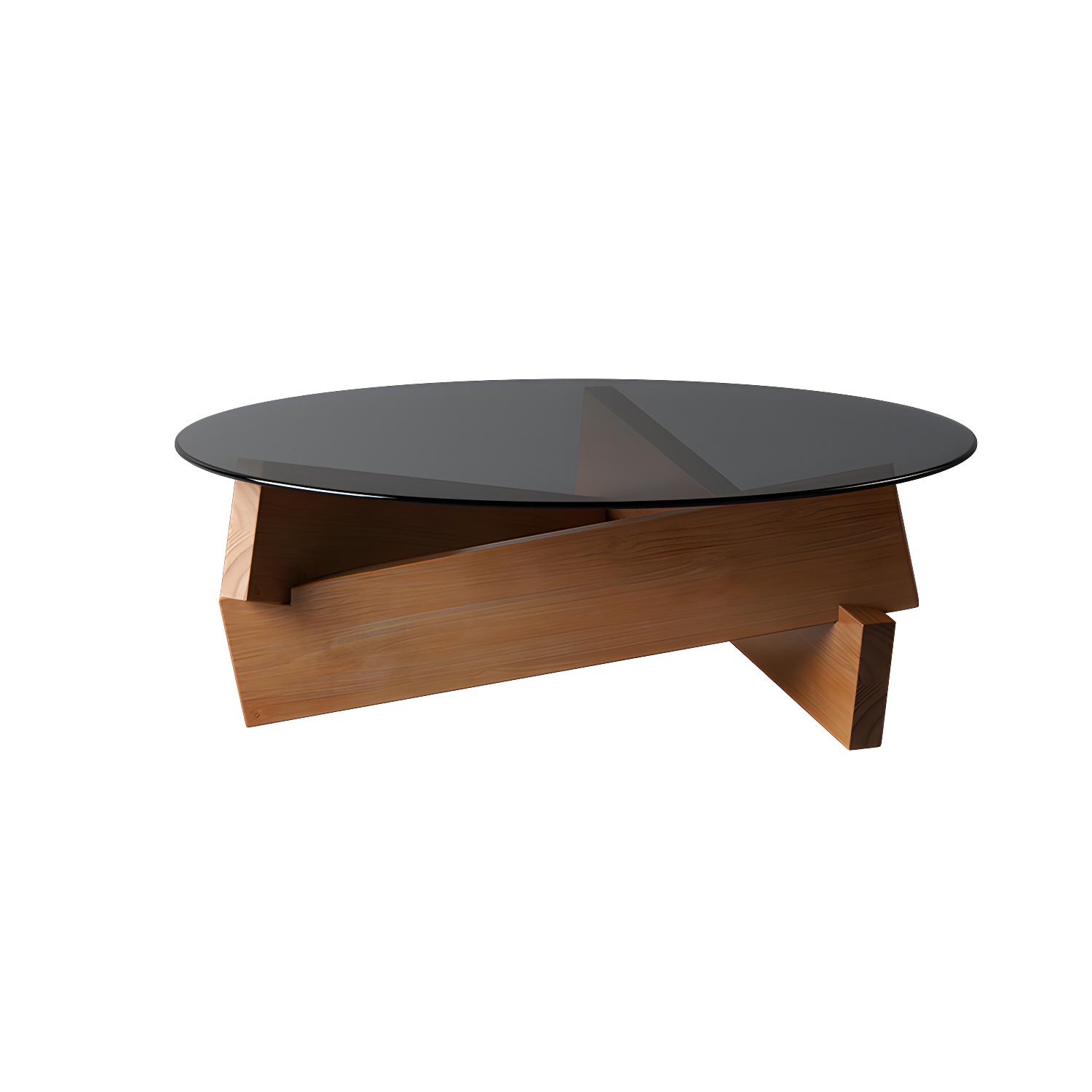Modern Round Glass Top Coffee Table with Abstract Wooden Leg