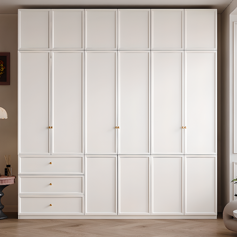 White Minimalist Wooden Wardrobe Closet with Soft Close Drawer, Soft Close Door, Interior Shelves, and Clothing Rod