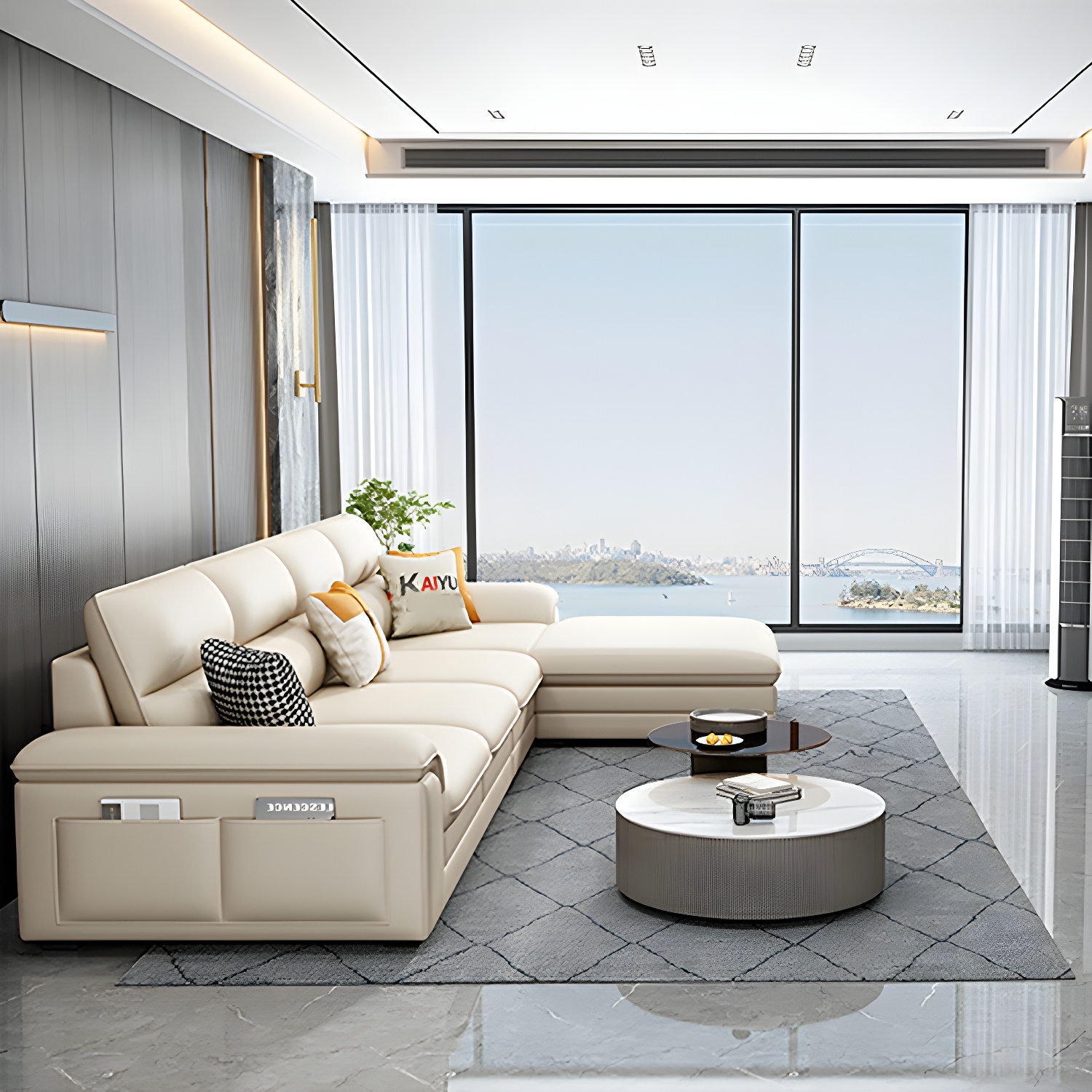 Modern Beige Stationary Sectional Sofa in Scratching Cloth with Wood Frame and Pillow Top Arms - image 11