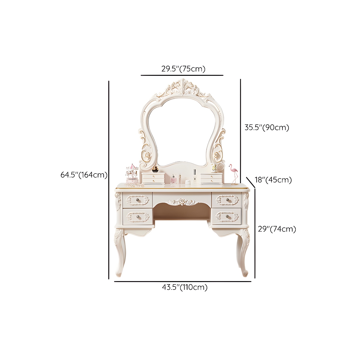 Victorian Make up Table Stool Set with Mirror and Drawers for Bedroom - image 19