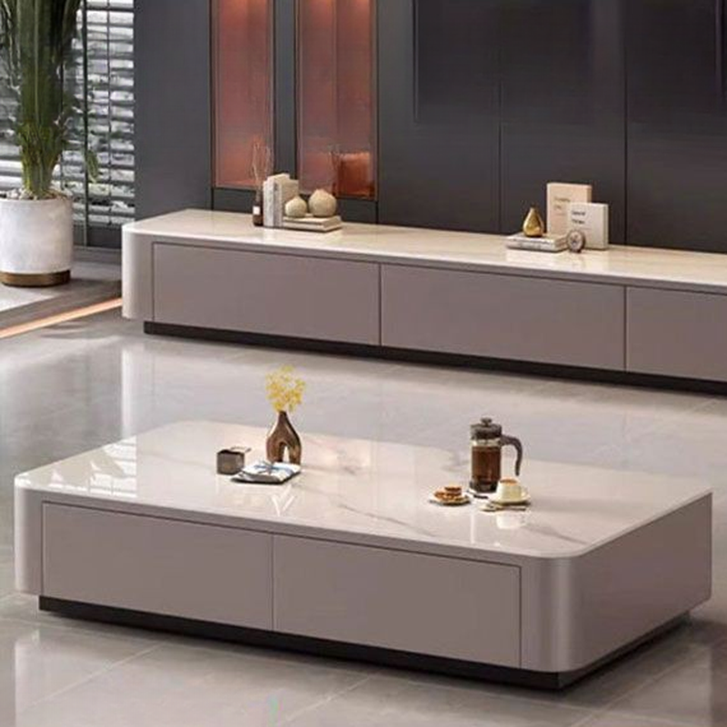 Contemporary Design Single Set Geometric Figure Rock Top Board Game Coffee Table with Block Base in Gray/Chalk and 2 Drawers - image 7