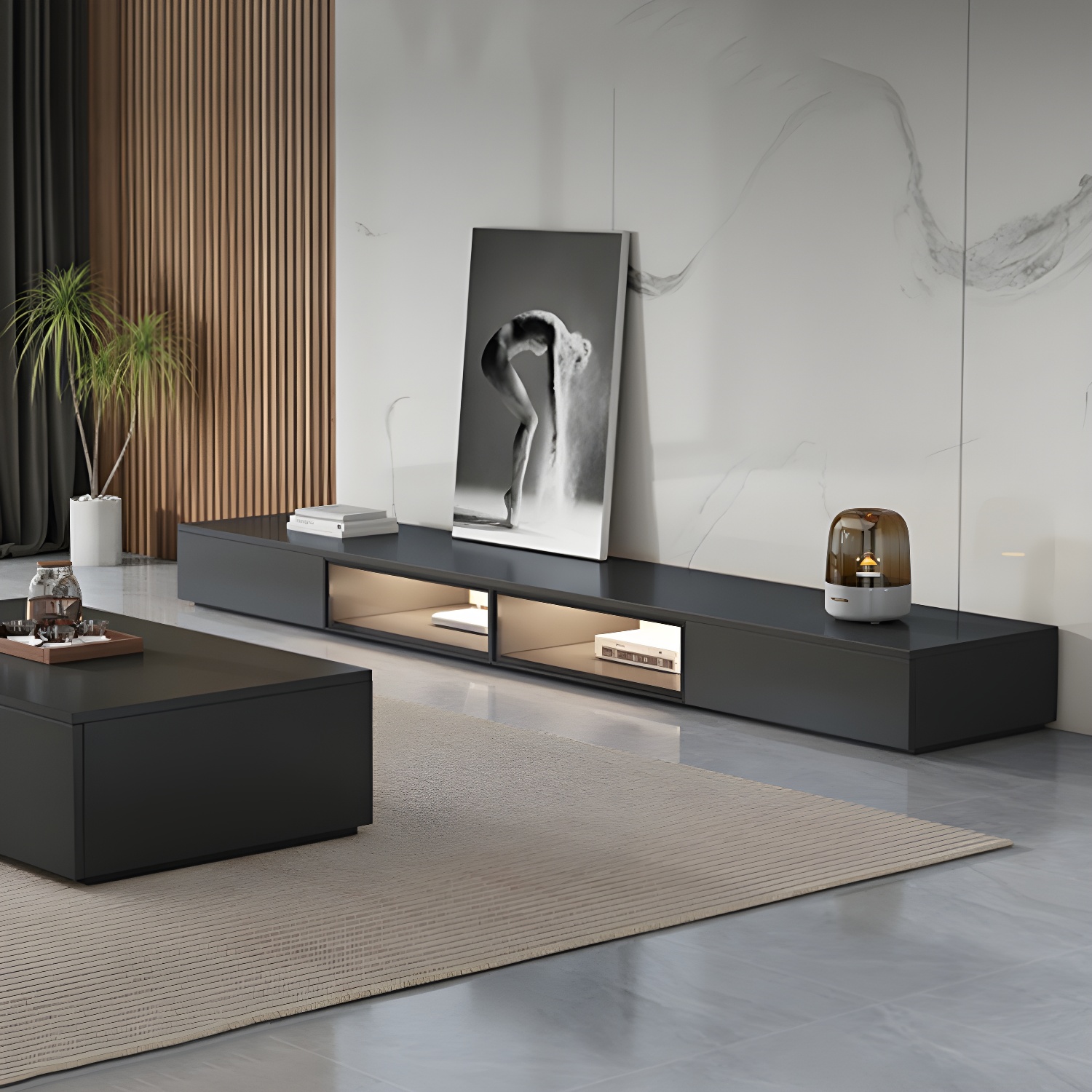 Black Modern TV Stand with Low Height and Drawers for Organized Cable Management & No Open Storage