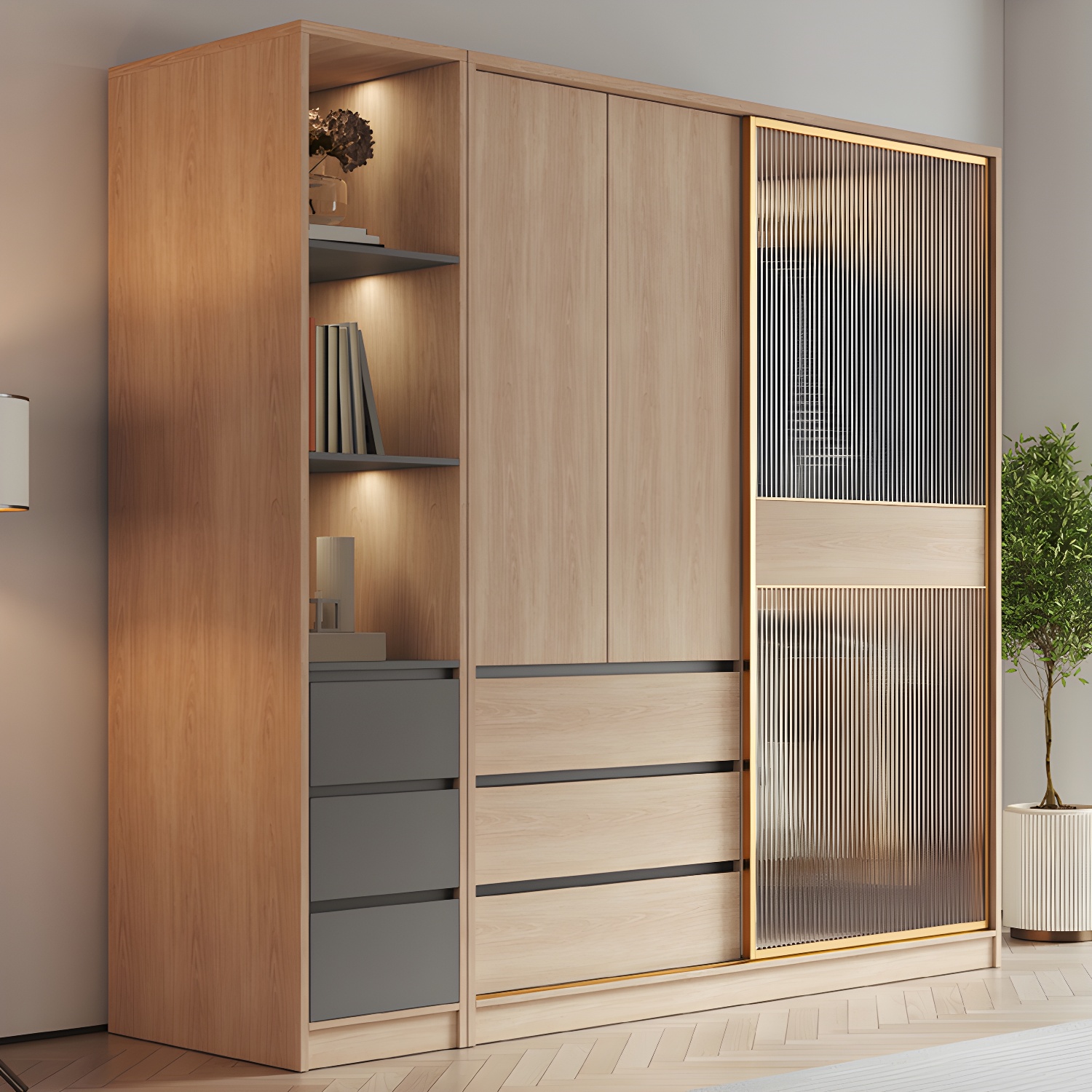 Contemporary Glass Sliding Doors Wardrobe Natural Wood Wardrobe with Drawers - image 11