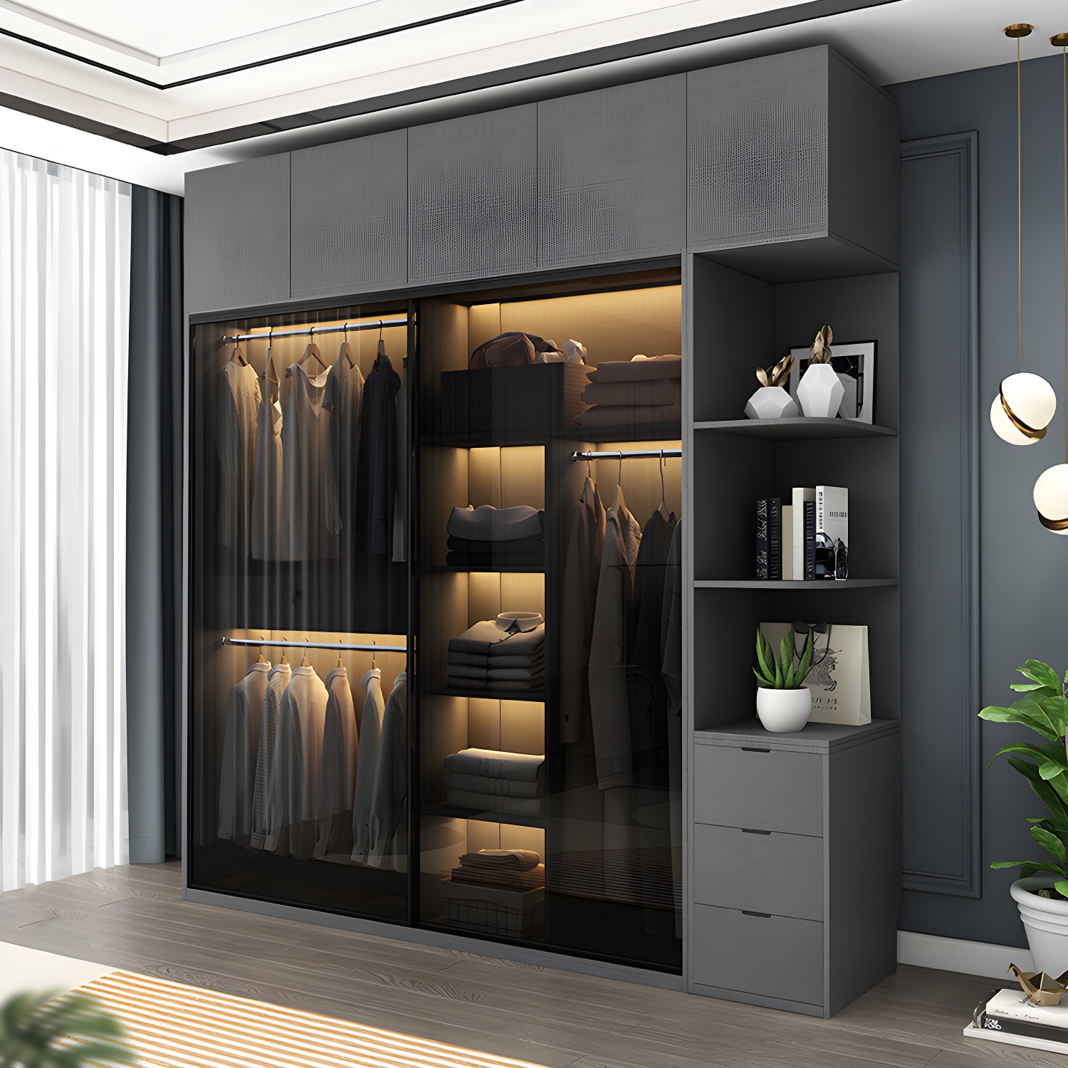 Modern Style Glass Wardrobe Bedroom Wardrobe Closet with 1 Drawer