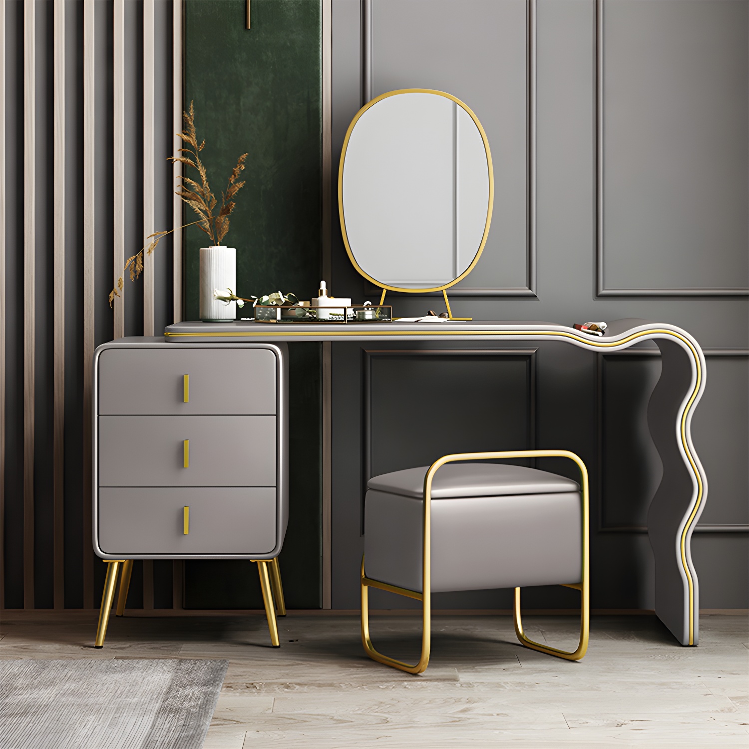 3 Drawers Make-up Vanity Set, 28.74" H Leather Vanity with Stool & Mirror - image 19