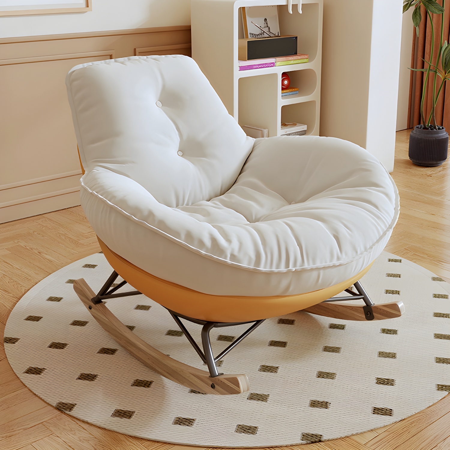 Contemporary Upholstered Rocking Chair with White Tufted Flannel Cushion and Solid Wood Legs - image 4